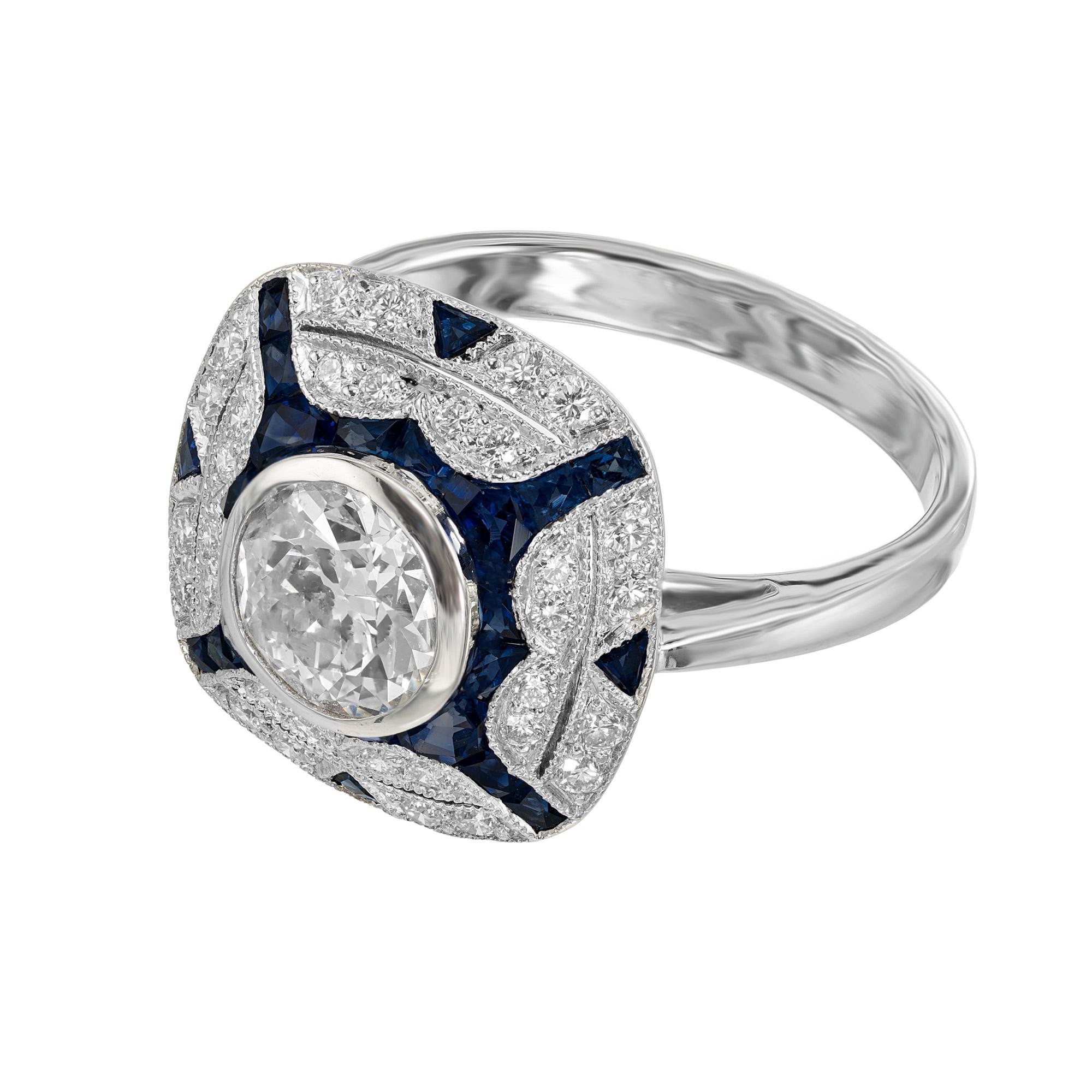 EGL zertifiziert 1,10 Karat Diamant Saphir Art Deco Platin Verlobungsring (Rundschliff) im Angebot