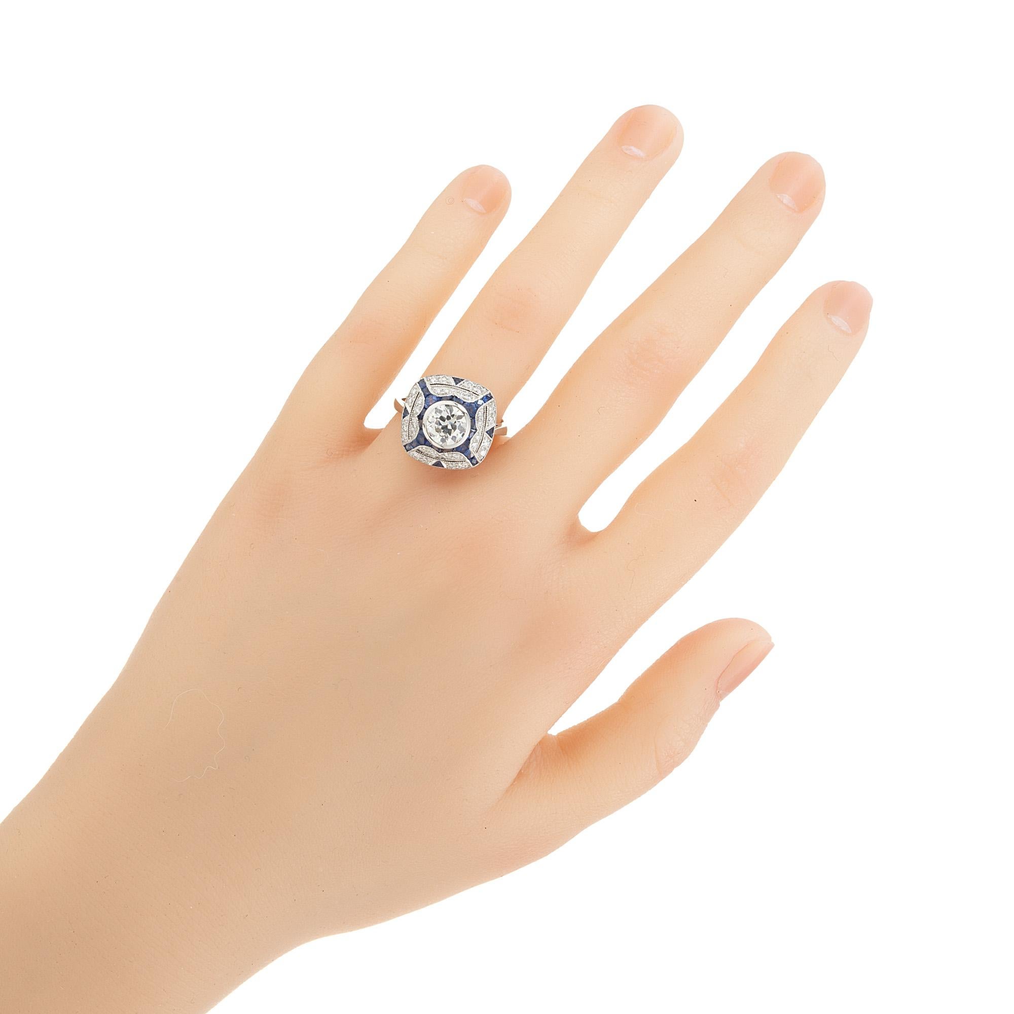 EGL zertifiziert 1,10 Karat Diamant Saphir Art Deco Platin Verlobungsring im Angebot 2