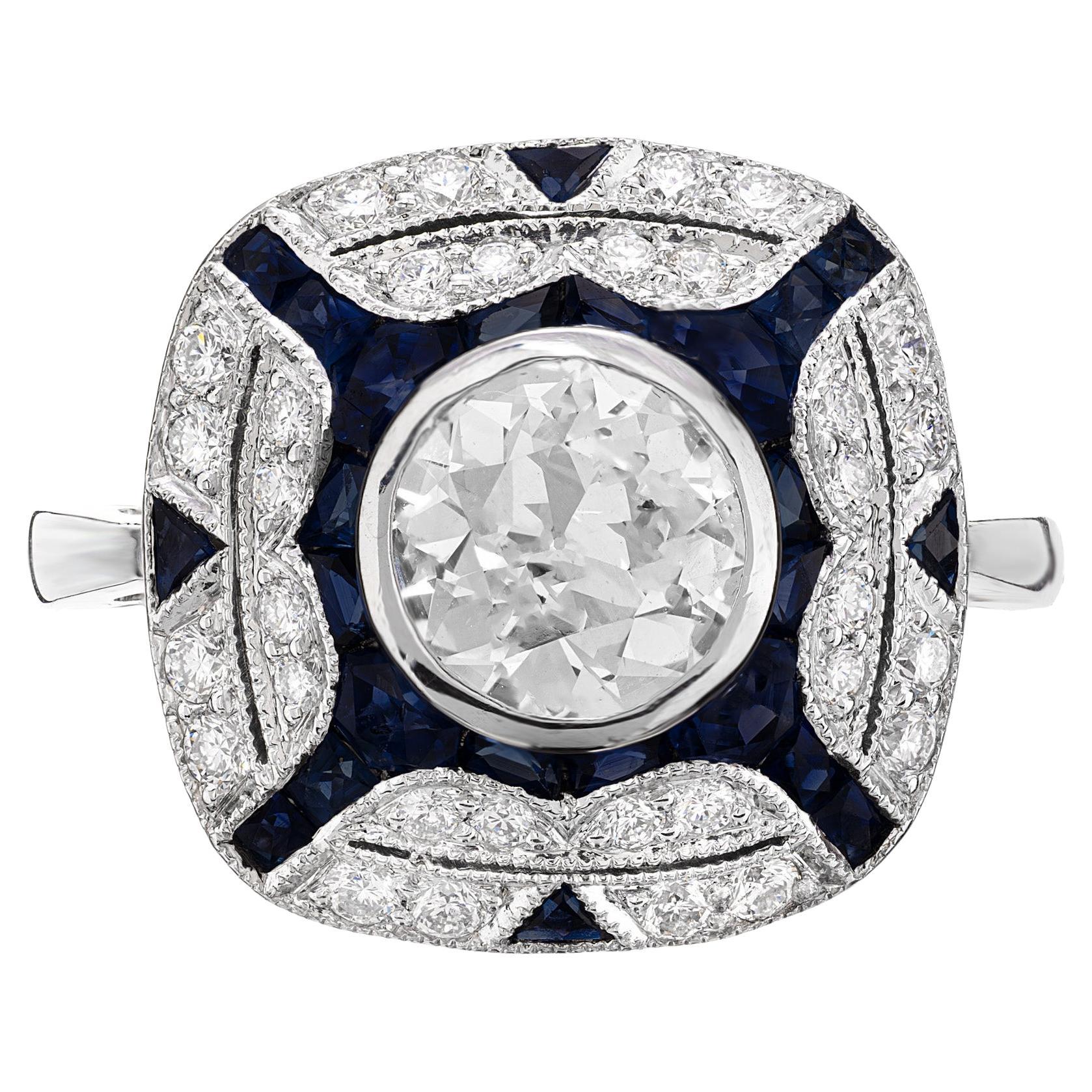 EGL zertifiziert 1,10 Karat Diamant Saphir Art Deco Platin Verlobungsring