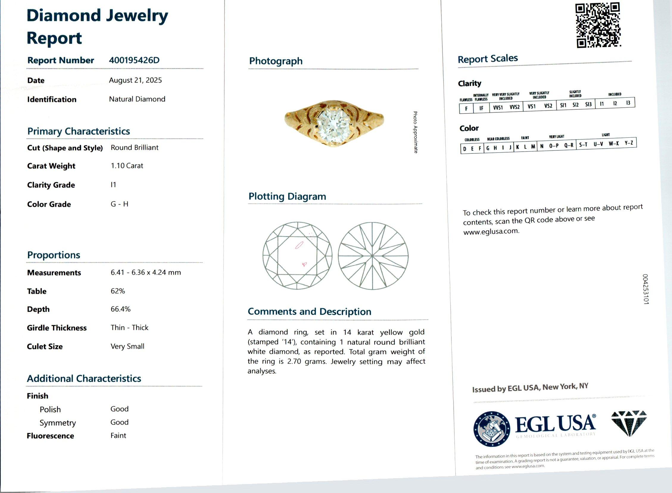 Anello di fidanzamento in filigrana d'oro giallo certificato EGL da 1,10 carati con diamante Roung In condizioni buone in vendita a Stamford, CT