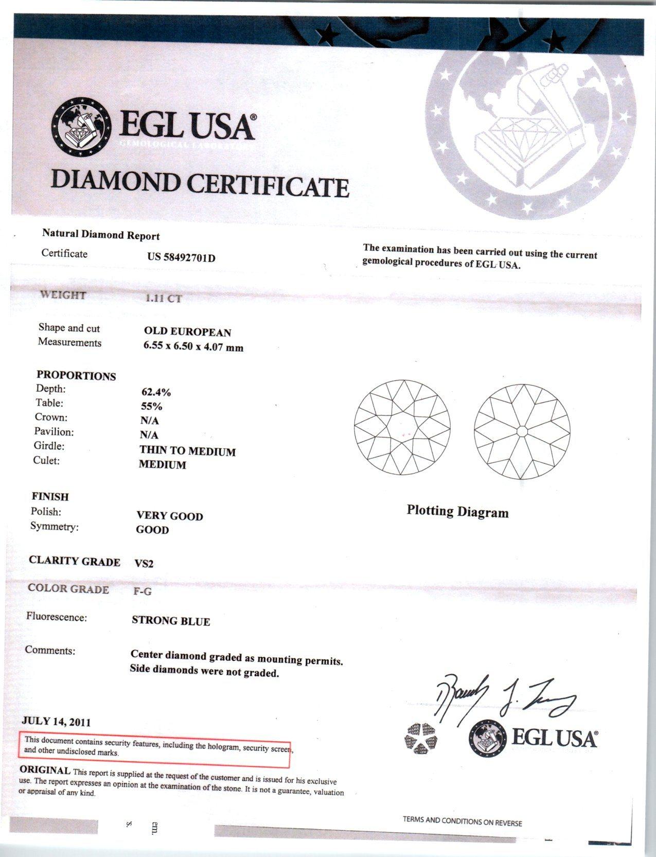 Old European Cut EGL Certified 1.11 Carat Round Diamond Platinum Engagement Ring For Sale