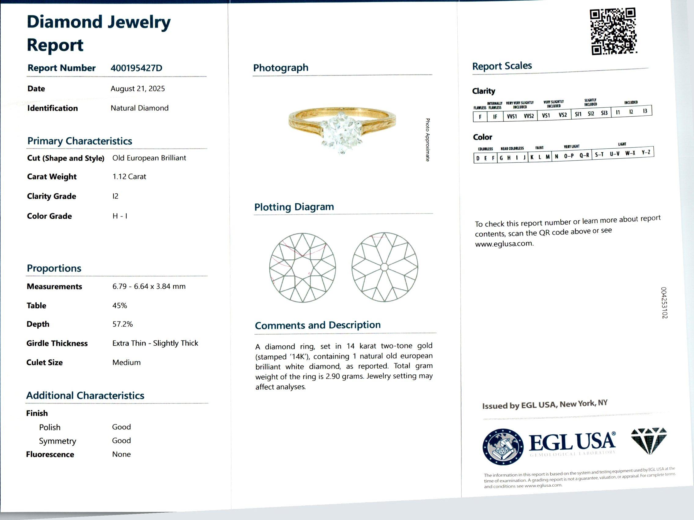 Bague de fiançailles en or bicolore certifiée EGL 1,12 carat diamant ancienne mine Bon état - En vente à Stamford, CT