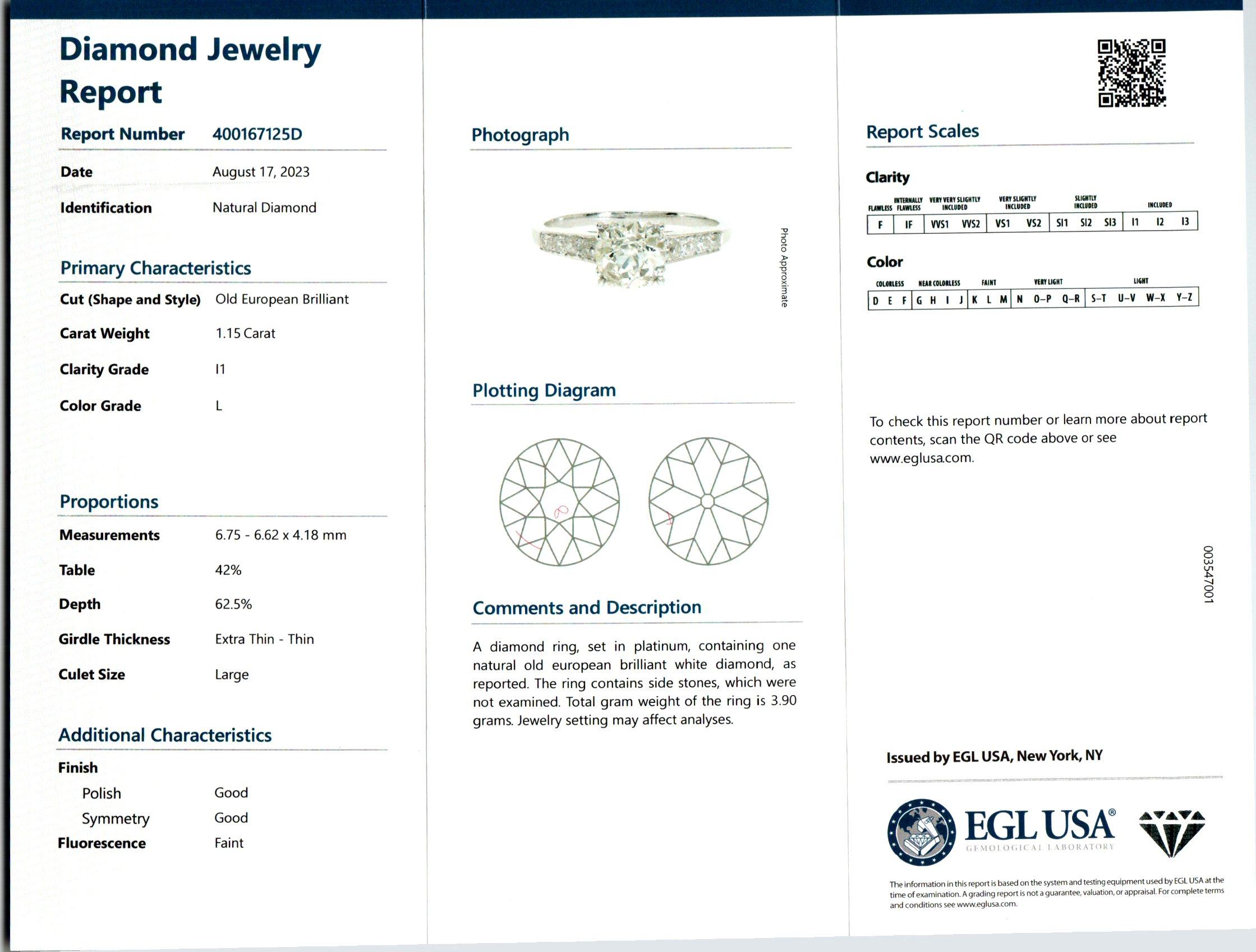 Bague de fiançailles en platine avec diamant certifié EGL de 1.15 carats  Bon état - En vente à Stamford, CT
