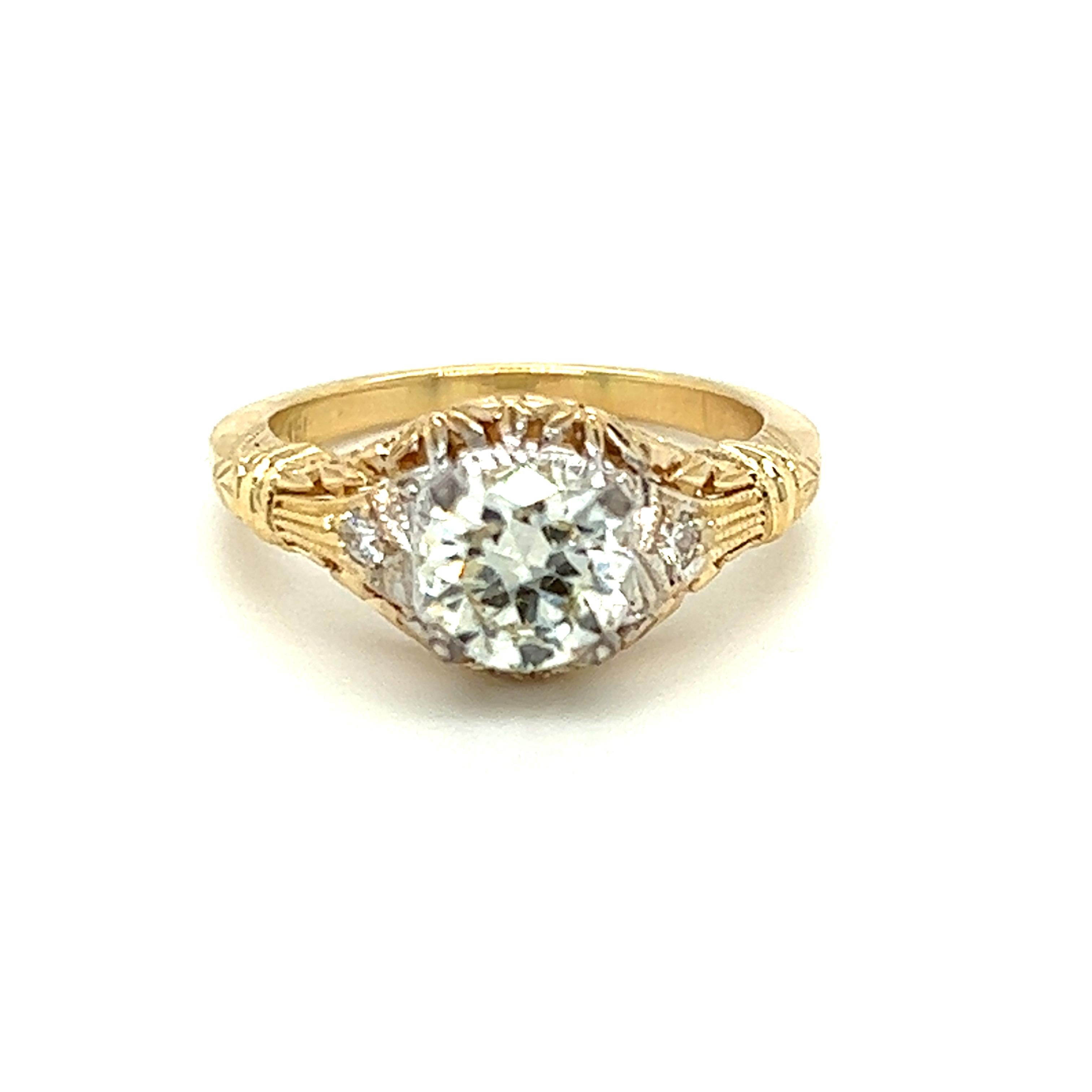 Filigraner Verlobungsring mit EGL-zertifiziertem 1,16 Karat Diamant im europäischen Schliff in 14K (Edwardian)
