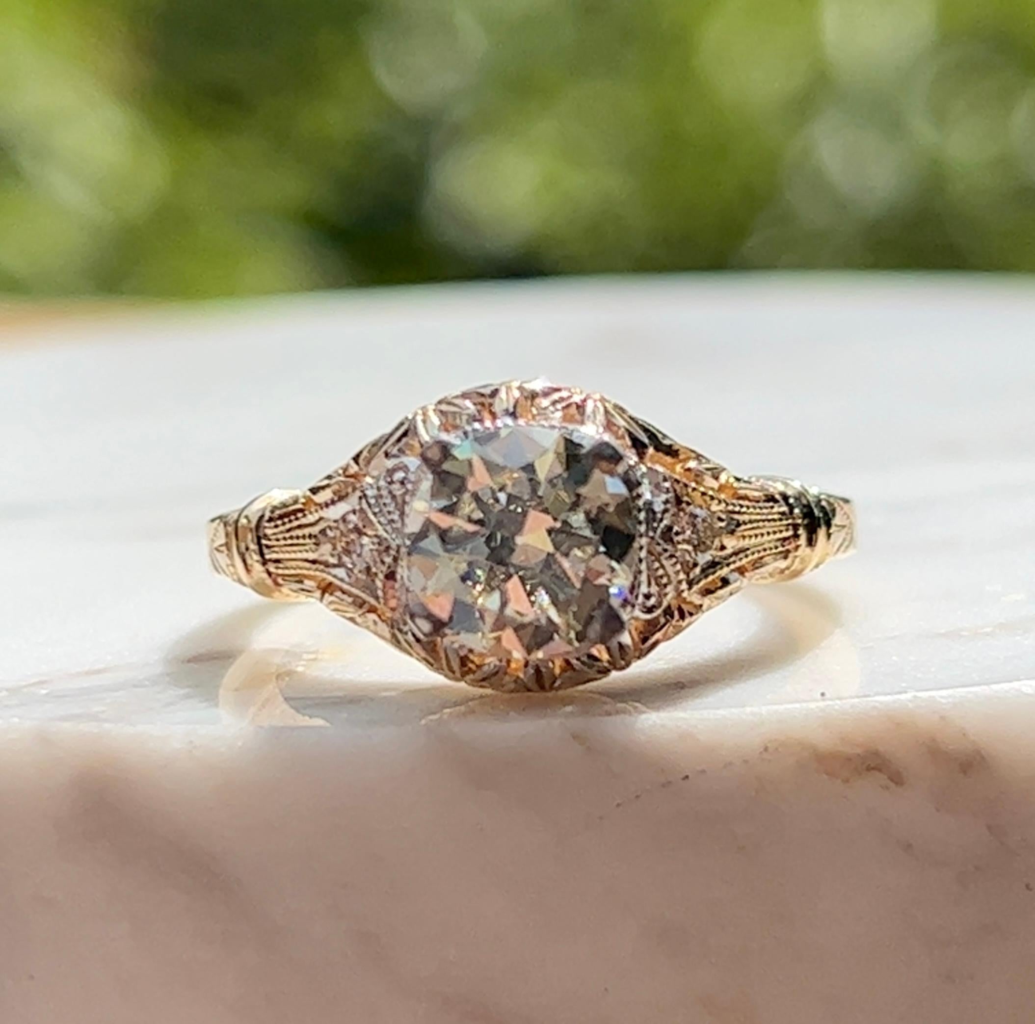 Filigraner Verlobungsring mit EGL-zertifiziertem 1,16 Karat Diamant im europäischen Schliff in 14K im Zustand „Gut“ in Towson, MD