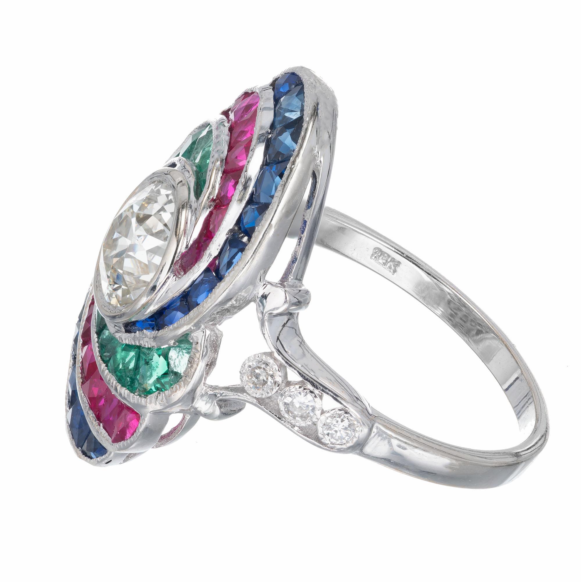 Diamond, sapphire, emerald, ruby swirl design cocktail ring. EGL certified 1.18ct Old European cut center diamond with a halo of French calibre cut emeralds, rubies and sapphires. 

1 old European brilliant cut diamond J-K SI, approx. 1.18ct EGL