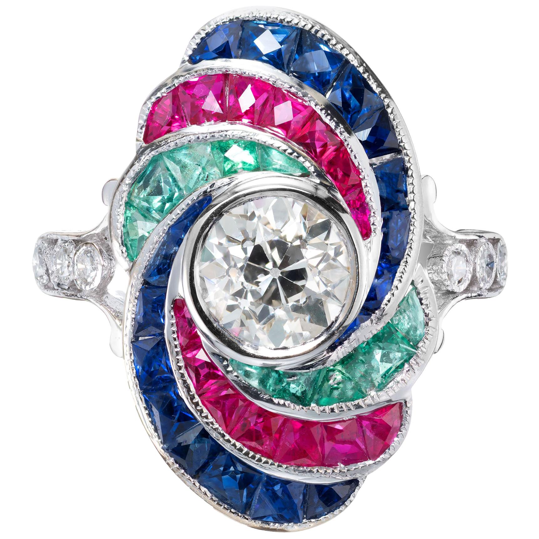 Peter Suchy EGL 1.18 Carat Diamond Ruby Emerald Sapphire Gold Cocktail Ring