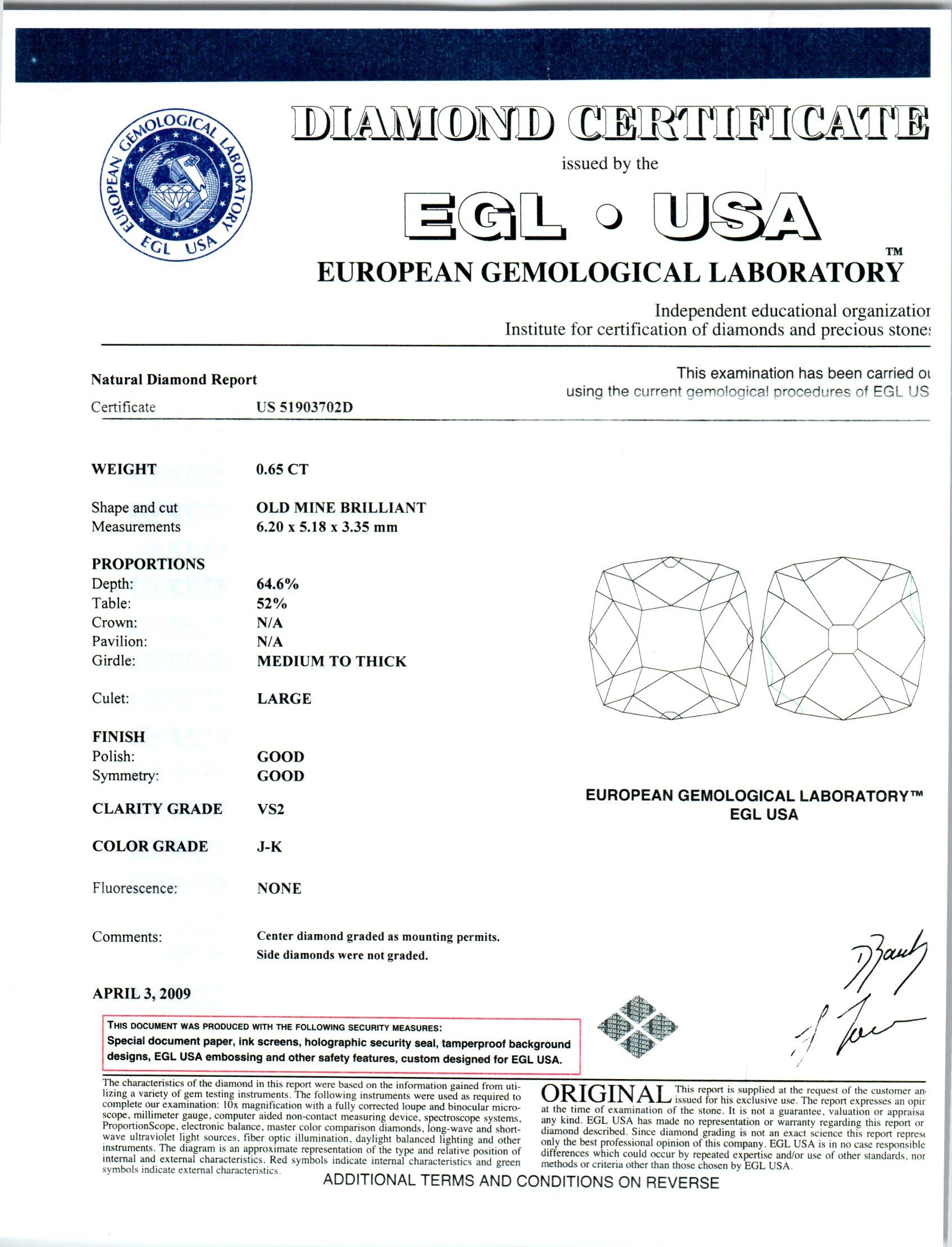 Old Mine Cut EGL Certified 1.25 Carat Three Diamond Platinum Pendant Necklace For Sale