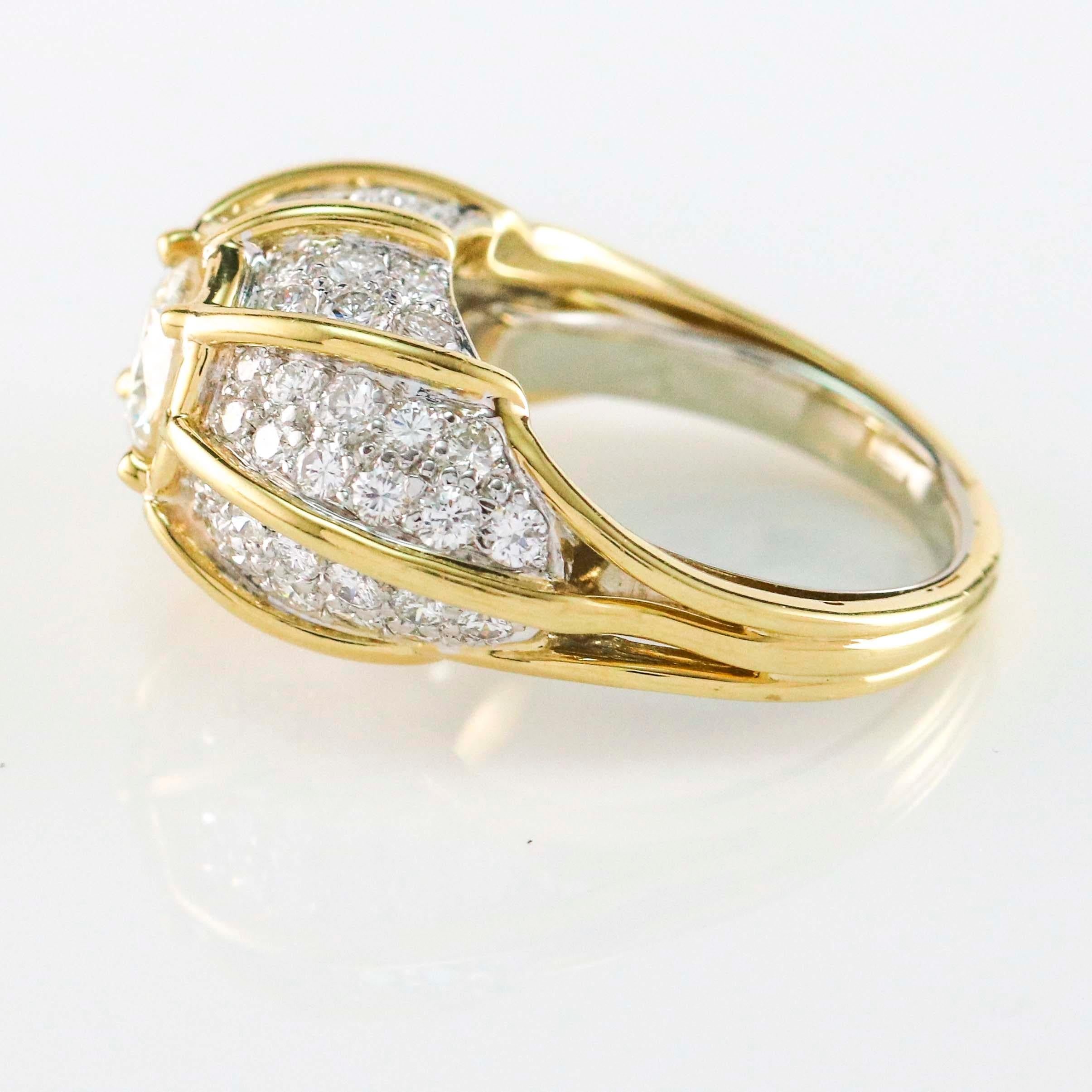 Women's EGL Certified 1.29 Carat Platinum 18 Karat Yellow Gold Diamond Dome Ring For Sale