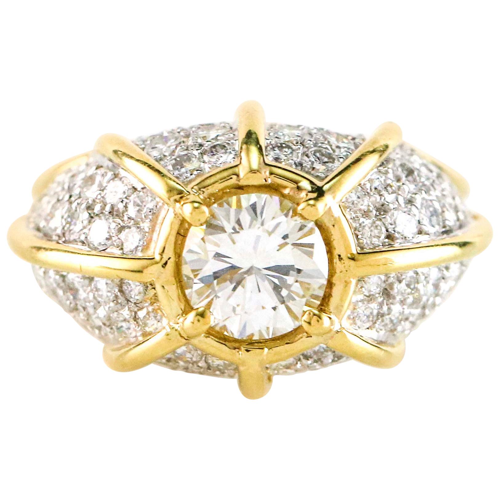 EGL Certified 1.29 Carat Platinum 18 Karat Yellow Gold Diamond Dome Ring For Sale