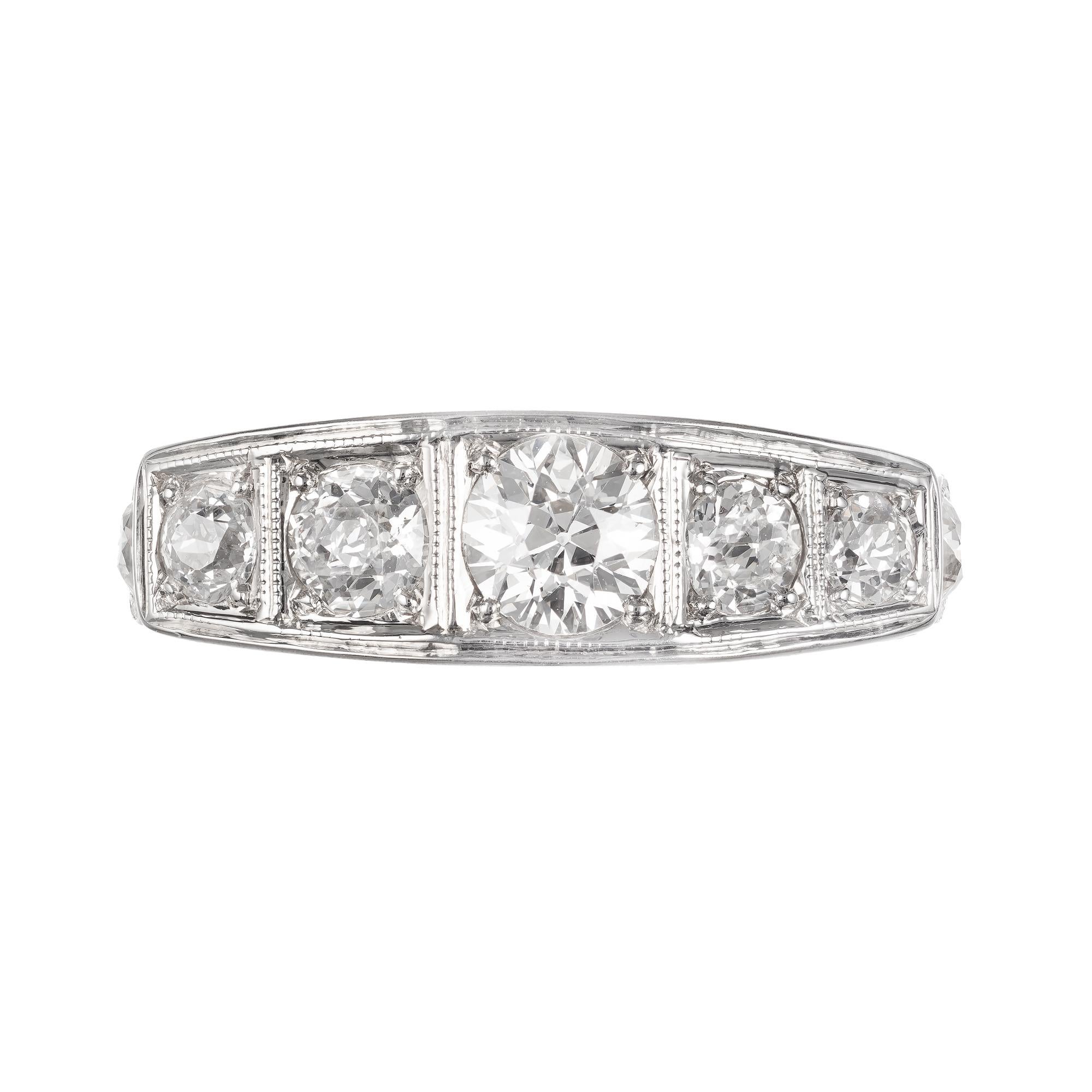 Seven Bright sparkly old European cut diamond ring. In a hand pierced and beaded 18k white gold setting. 

1 old European cut G-H SI2 diamond, Approximate .50ct EGL Certificate # US400124772D
6 old European cut H-I SI2 diamonds, Approximate