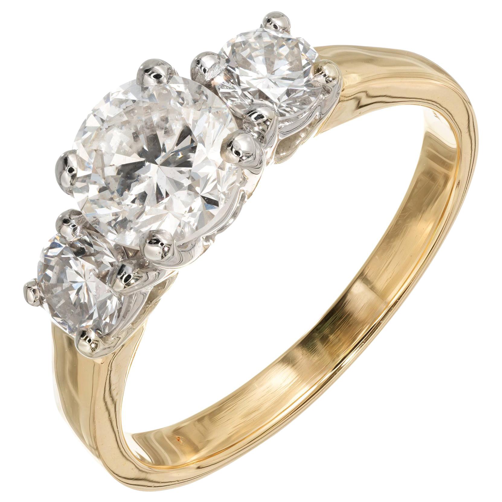 EGL Certified 1.35 Carat Diamond Yellow Gold Three-Stone Engagement Ring