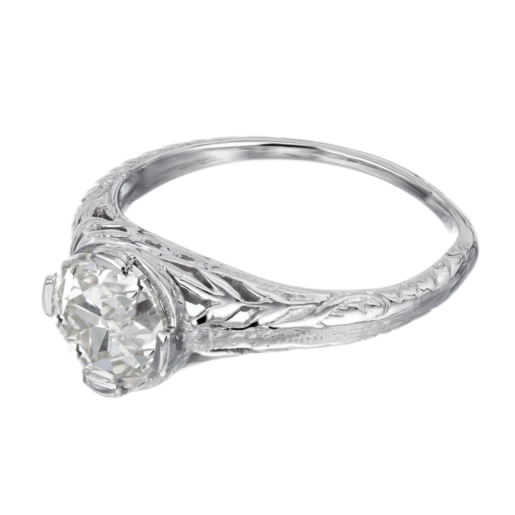 Old European Cut EGL Certified 1.36 Carat Diamond Platinum Art Nouveau Engagement Ring For Sale