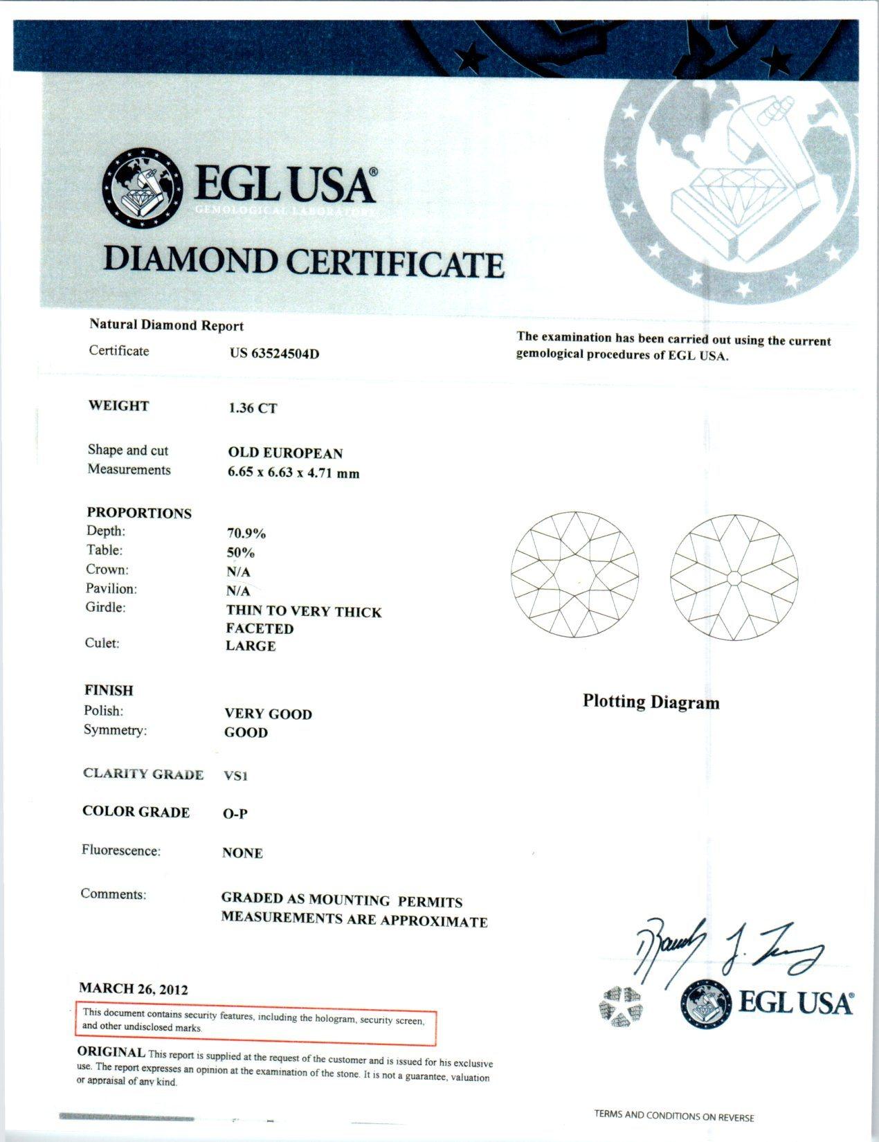 EGL Certified 1.36 Carat Diamond Platinum Art Nouveau Engagement Ring For Sale 2