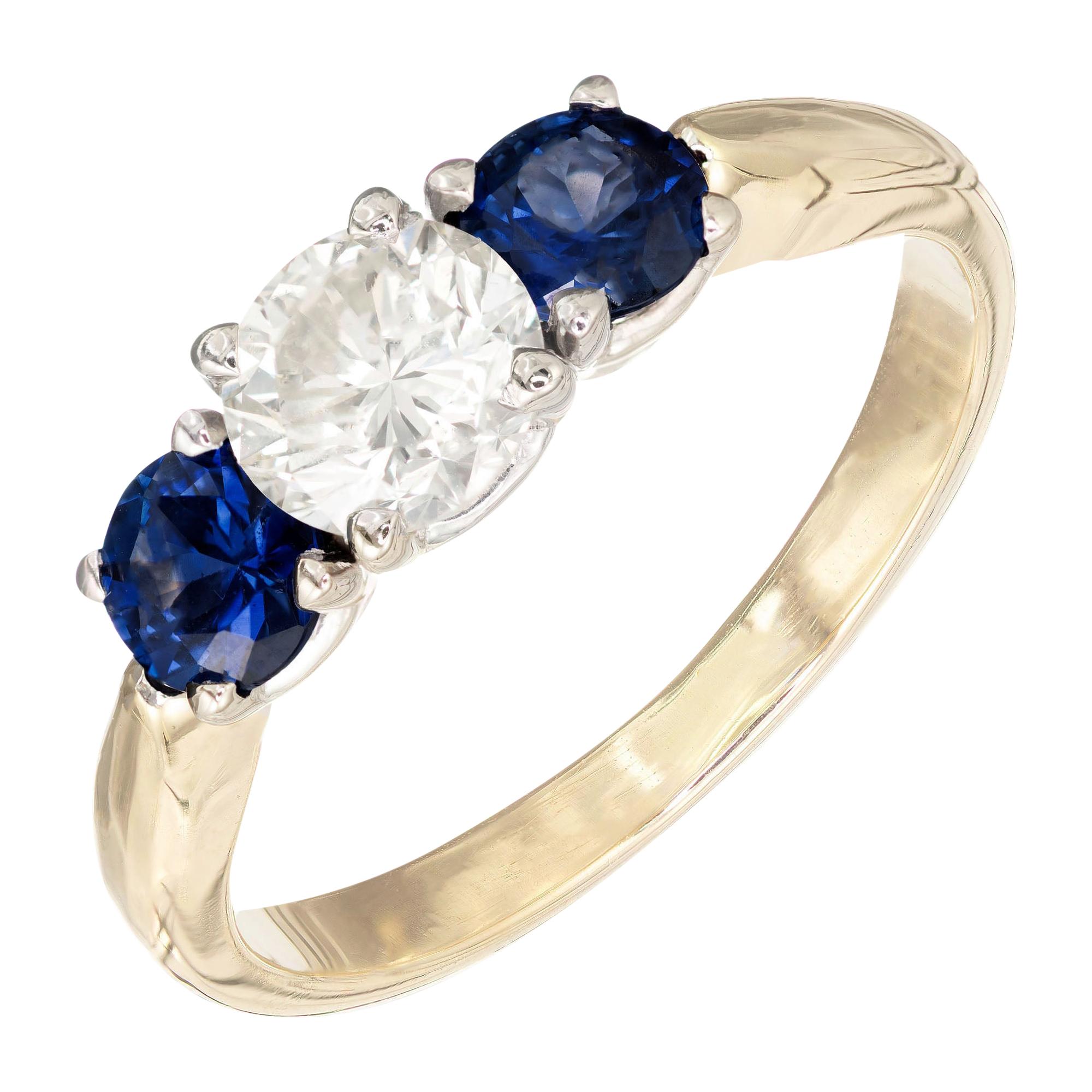 EGL Certified 1.38 Carat Round Diamond Sapphire Three-Stone Gold Engagement Ring