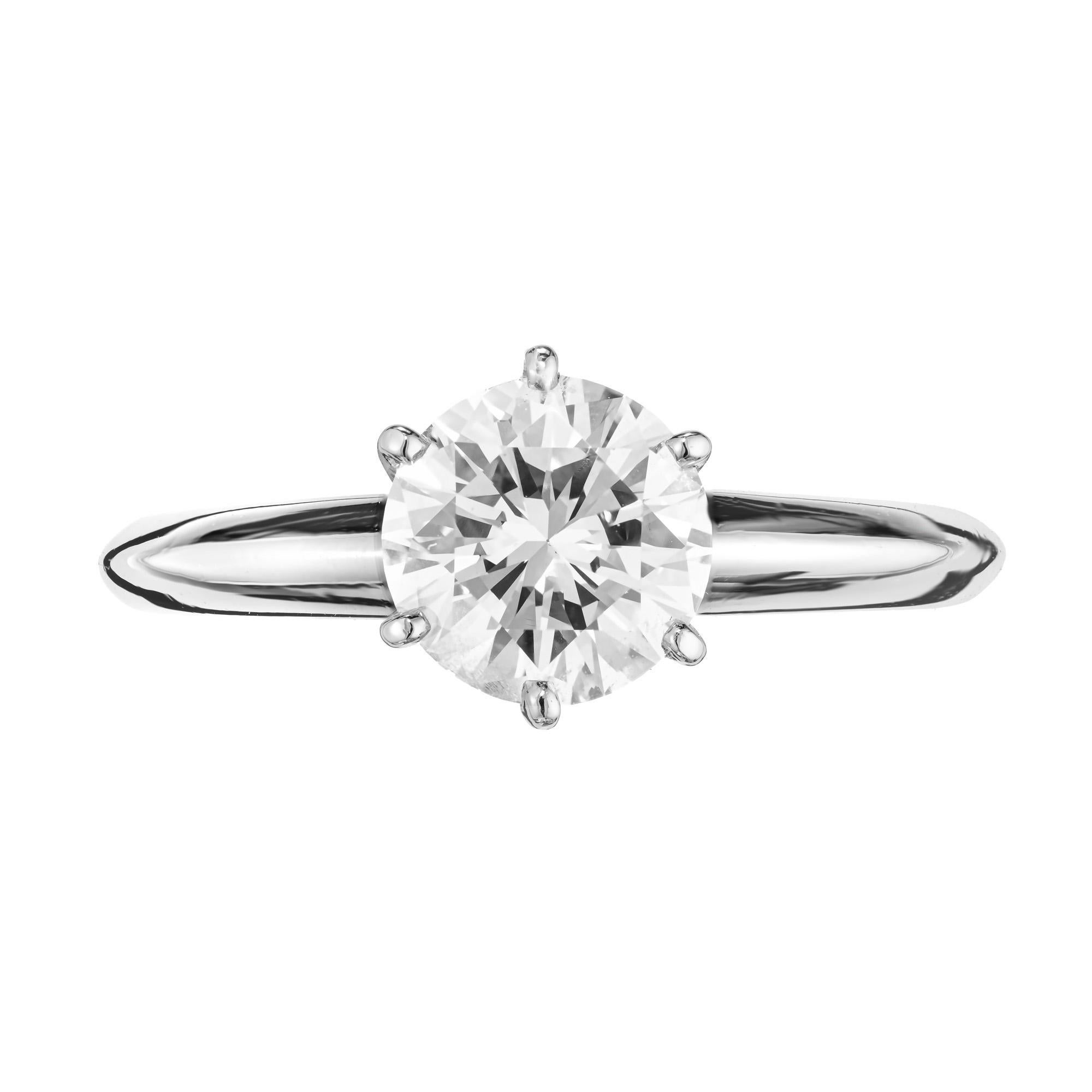 Solitaire diamond engagement ring. EGL certified 1.41ct round brilliant cut diamond in a platinum 6 prong setting. 

1 round brilliant cut diamond, I SI approx. 1.41cts
Size: 6.5 and sizable
Platinum 
Stamped: Plat
5.9 grams
Width at top: