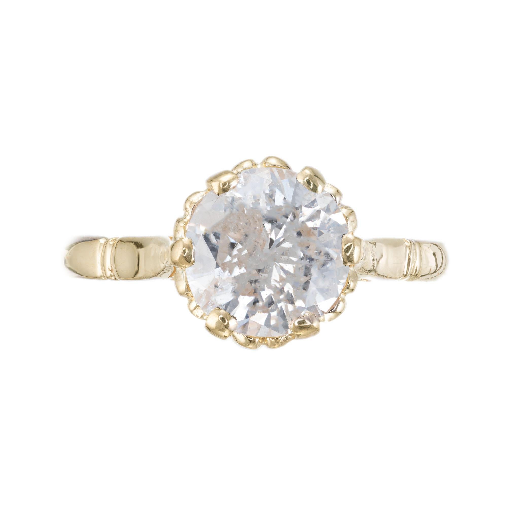 14k yellow gold engagement ring. 1.47 carat diamond center stone, in a six prong solitaire setting. EGL certified.   

1 brilliant round cut diamond, H-I I approx. 1.47cts EGL Certificate # US 400140762D
Size 6.5 and sizable
14k yellow gold