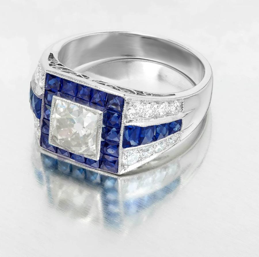 French Cut EGL Certified 1.48 Carat Art Deco Sapphire Diamond Platinum Engagement Ring For Sale