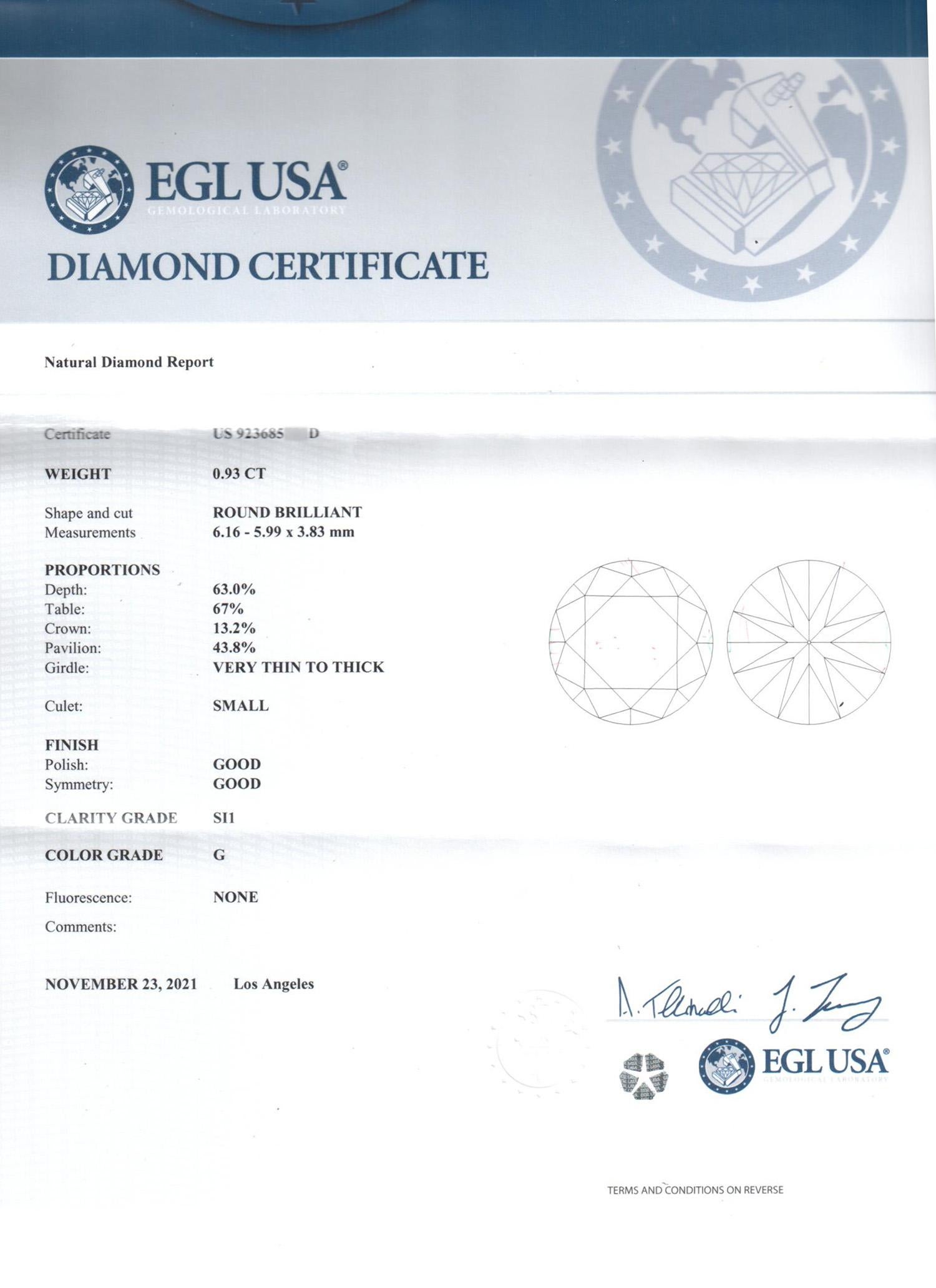 EGL Certified 14k White Gold & Diamond Bezel Set Pendant Necklace 0.93ct G/SI1 For Sale 7
