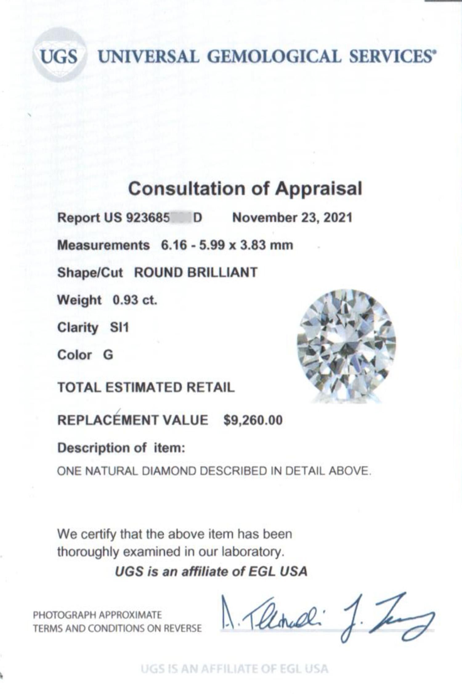 EGL Certified 14k White Gold & Diamond Bezel Set Pendant Necklace 0.93ct G/SI1 For Sale 8