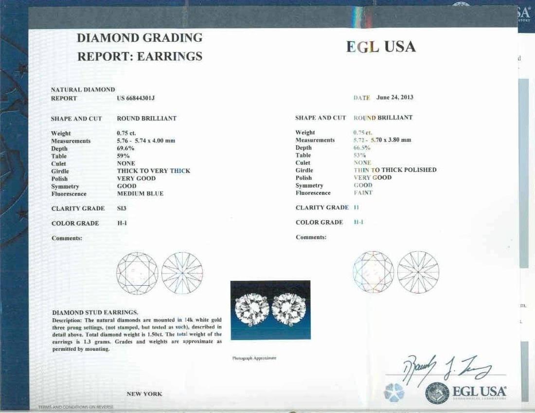 EGL Certified 1.50 Carat Diamond White Gold Basket Set Stud Earrings 1