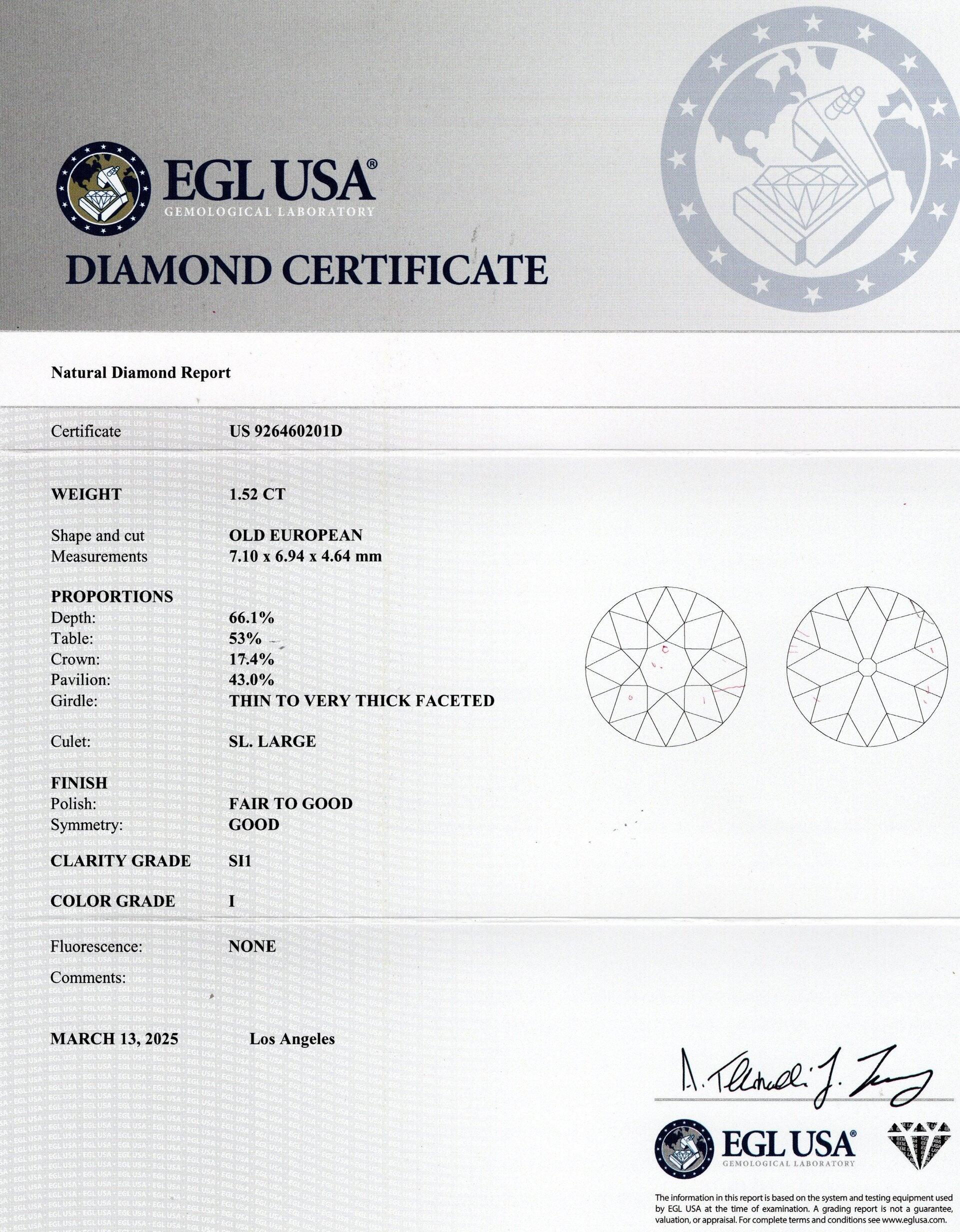 Bague ancienne en platine avec diamant taille européenne ancienne certifié EGL de 1,51 carat Excellent état - En vente à Chicago, IL