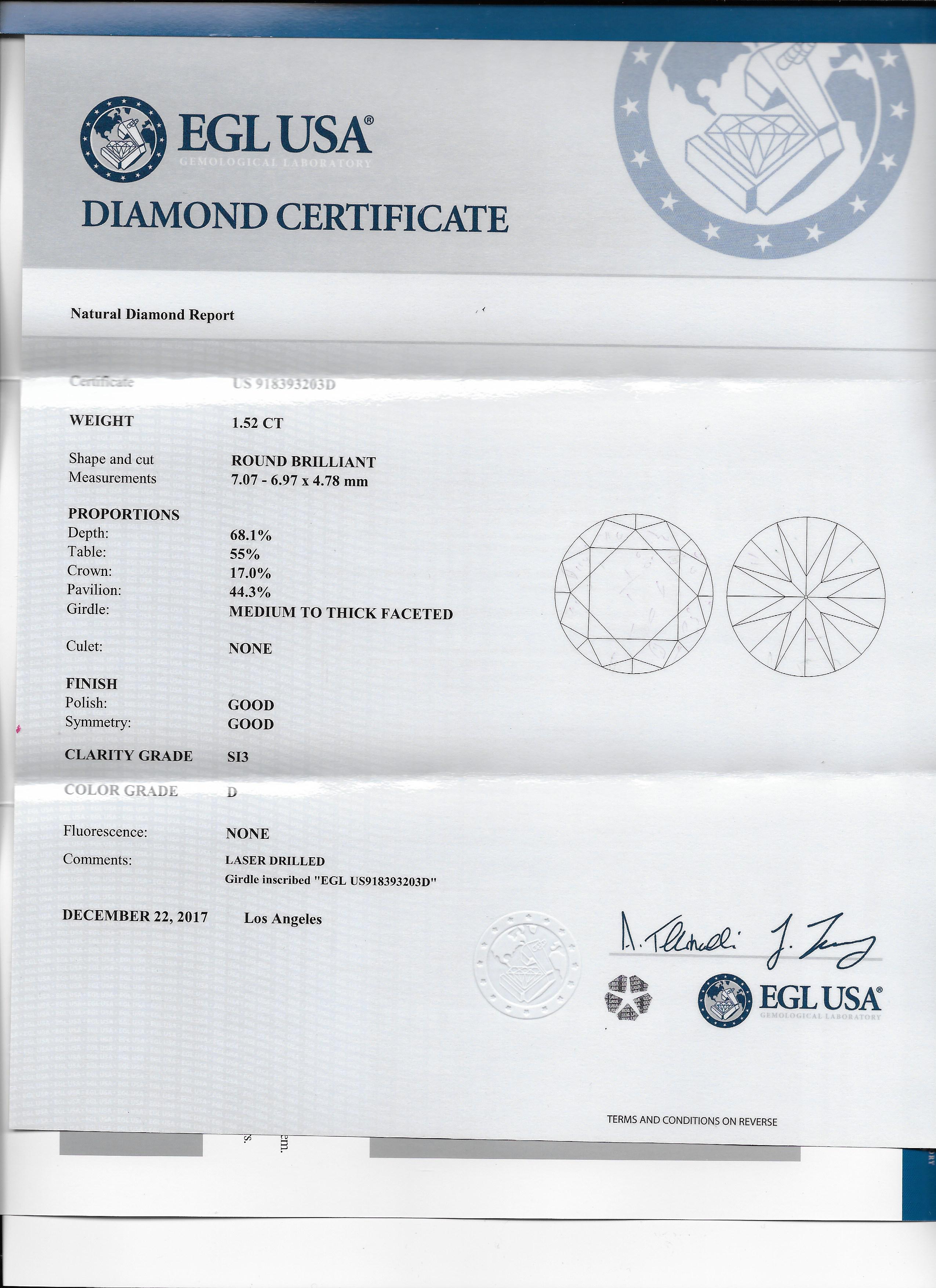EGL Certified 1.52 Brilliant Cut D SI3 