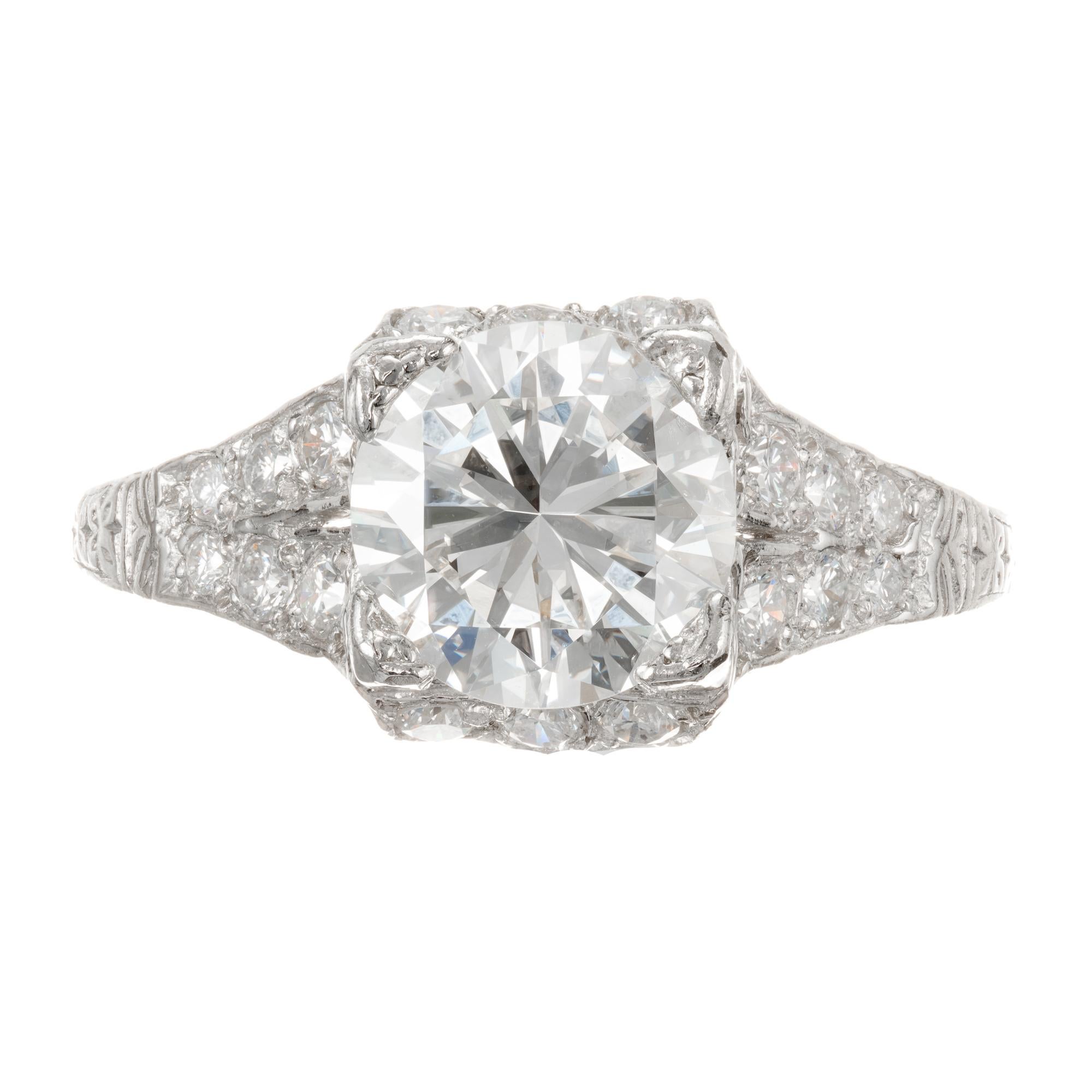 1.56ct Transitional round brilliant cut diamond engagement ring. EGL certified center stone in a platinum Art Deco setting. 

1.56 carat diamond approx total weight 1.56ct  F - G, VS1  round brilliant cut 7.43-7.40 x 4.67mm EGL certified