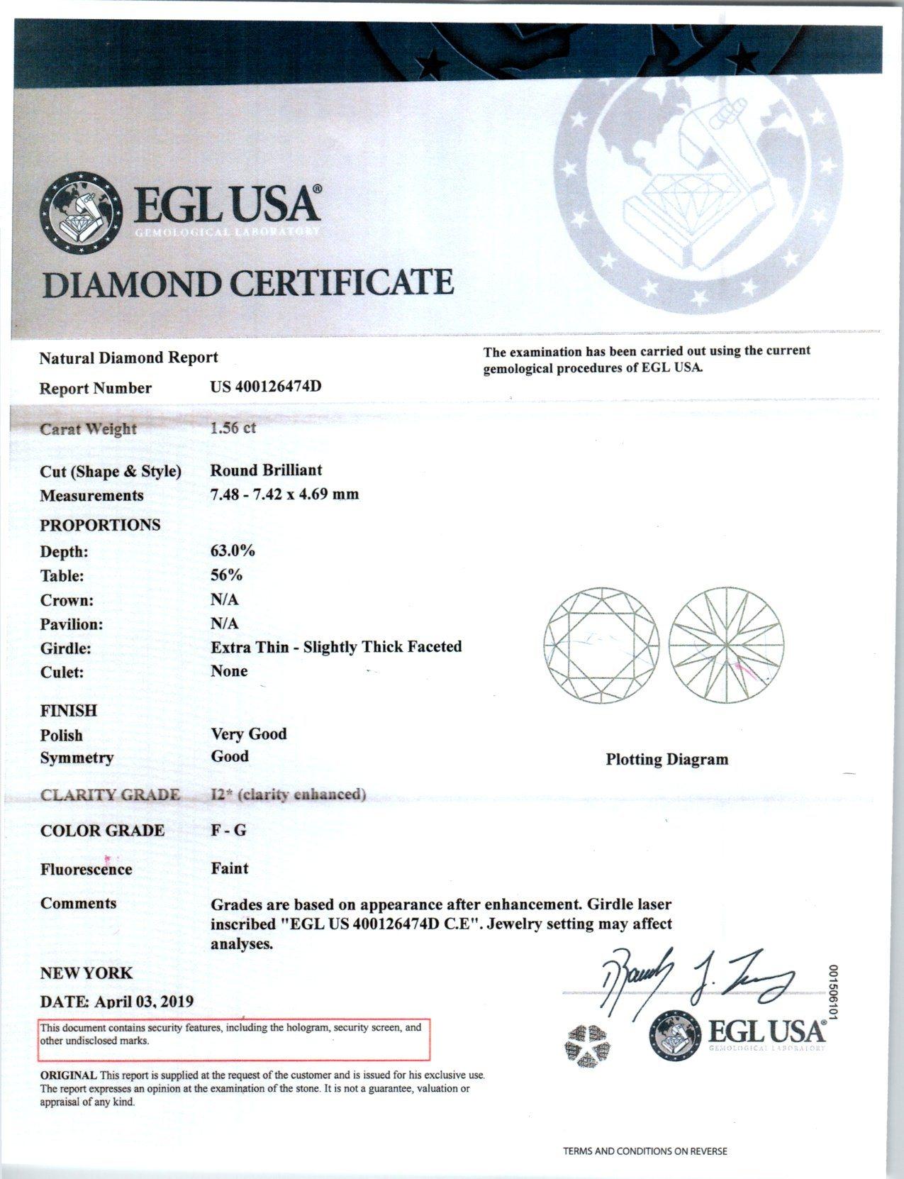 EGL Certified 1.56 Carat Diamond Platinum Engagement Ring For Sale 2