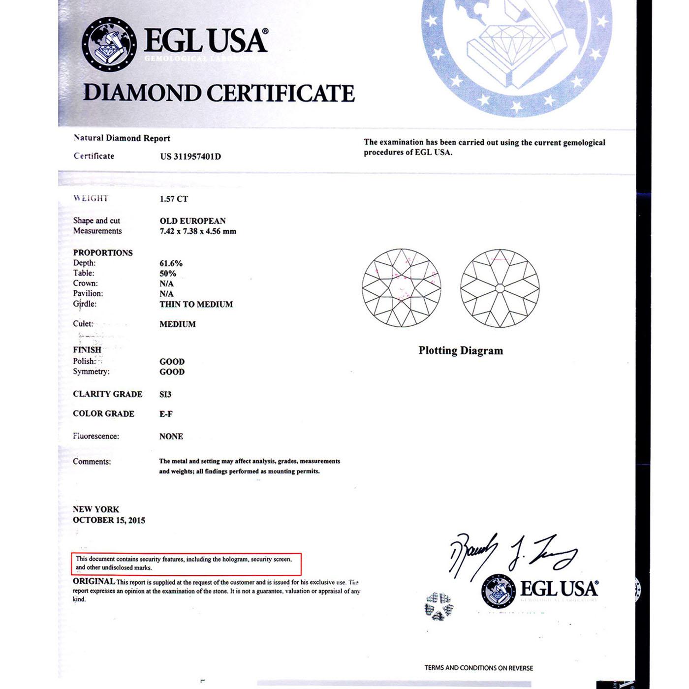 EGL Certified 1.57 Carat Diamond Platinum Art Deco Engagement Ring 1