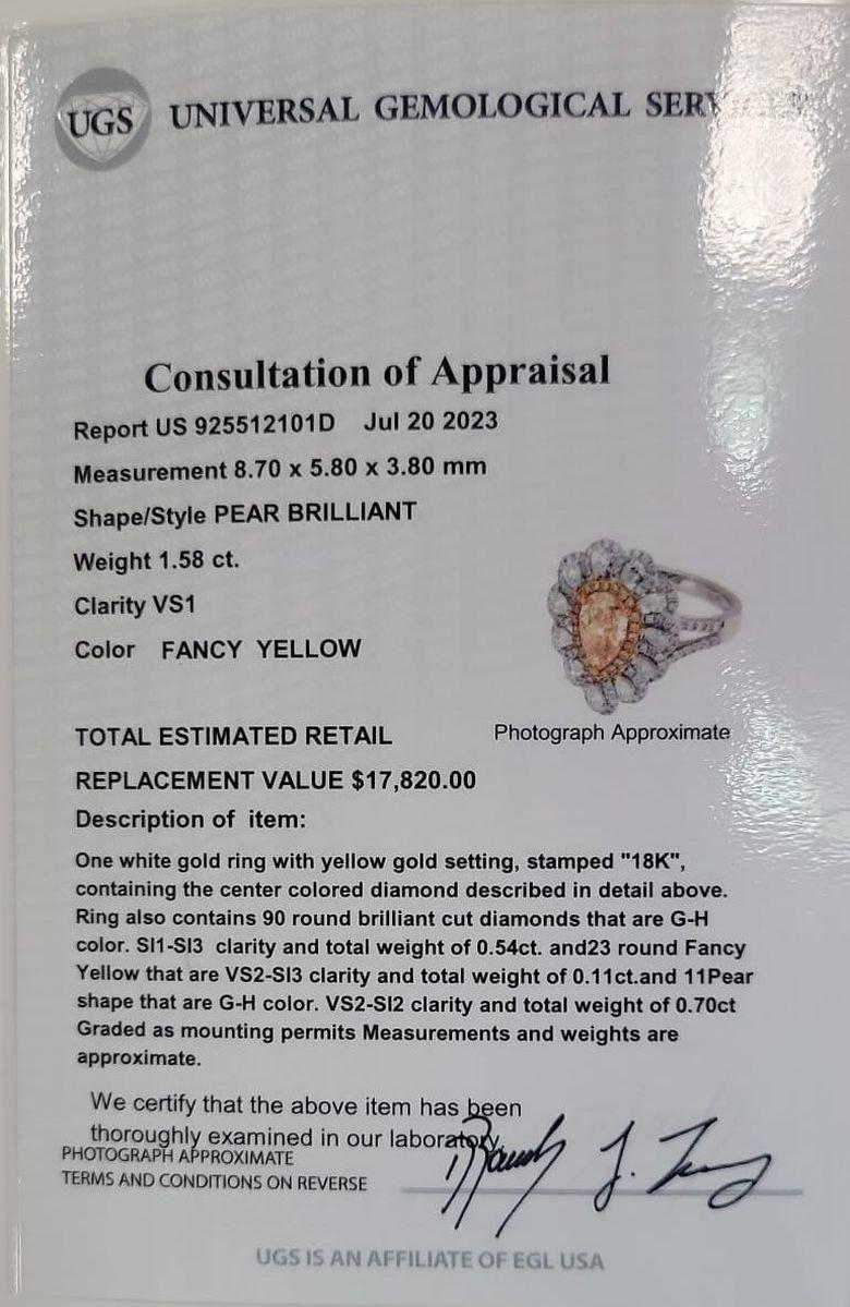 EGL Certified 1.58 Carat Pear Shape Vivid Fancy Yellow Diamond Engagement Ring For Sale 2