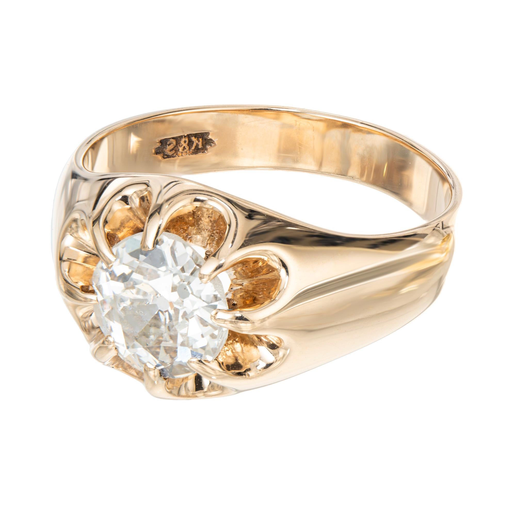 Original 1920's Art Deco handmade men's diamond ring. EGL certified Old European cut 1.65ct center diamond mounted in a 8 prong 14ct rose gold gypsy setting. EGL Certified as F-G colorless or near to colorless. This is on the lighter side of rose