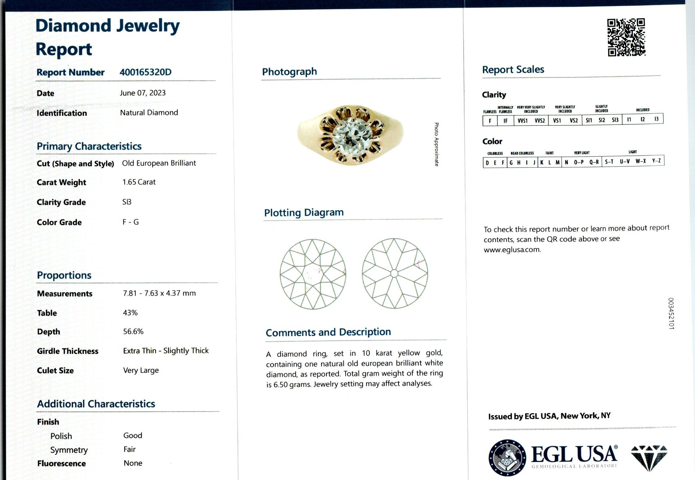 Old European Cut EGL Certified 1.65 Carat Old European Diamond Art Deco Rose Gold Men's Ring For Sale