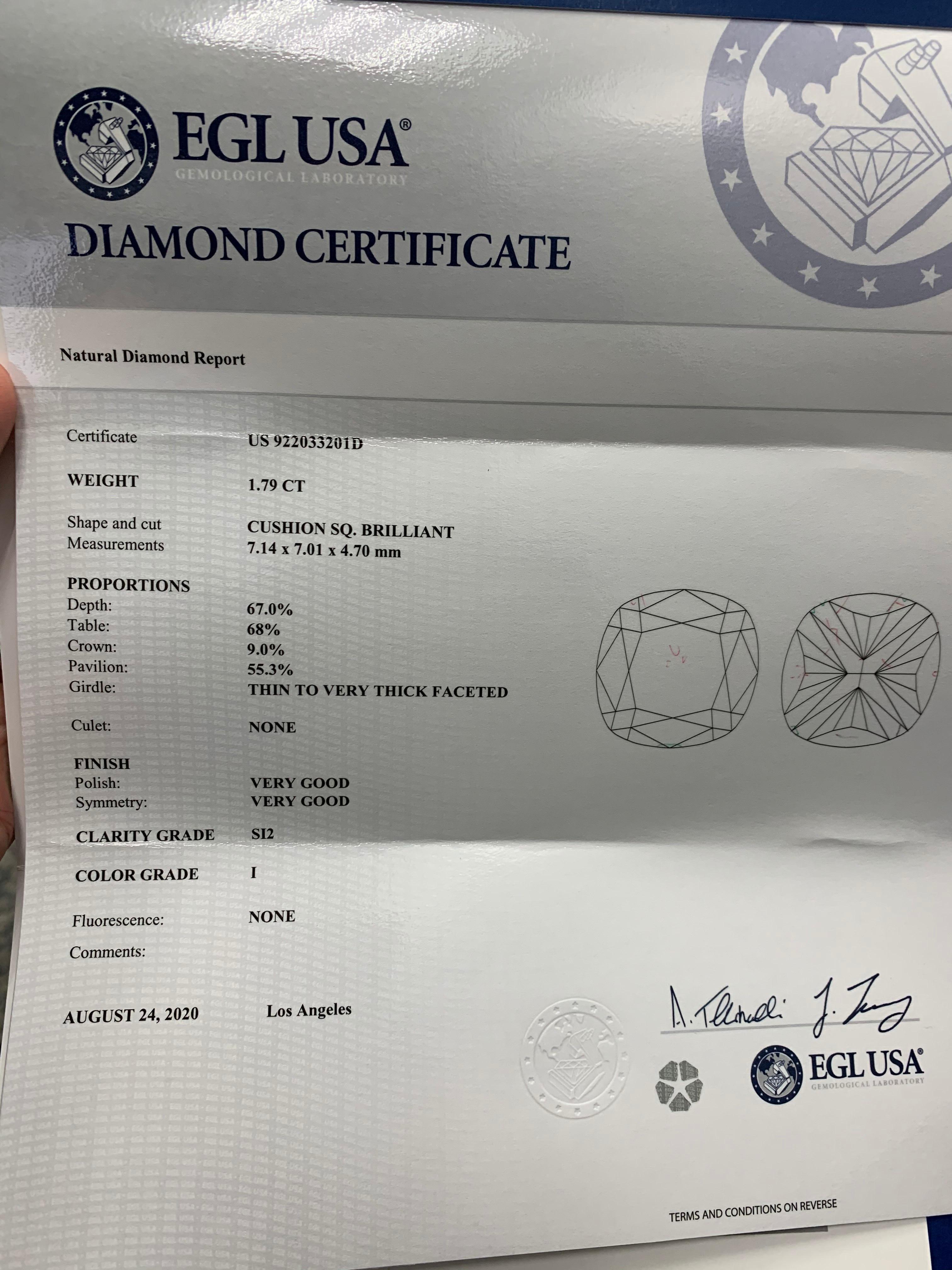 EGL Certified 1.79 Carat Natural Cushion Diamond I SI2 Platinum Engagement Ring 4