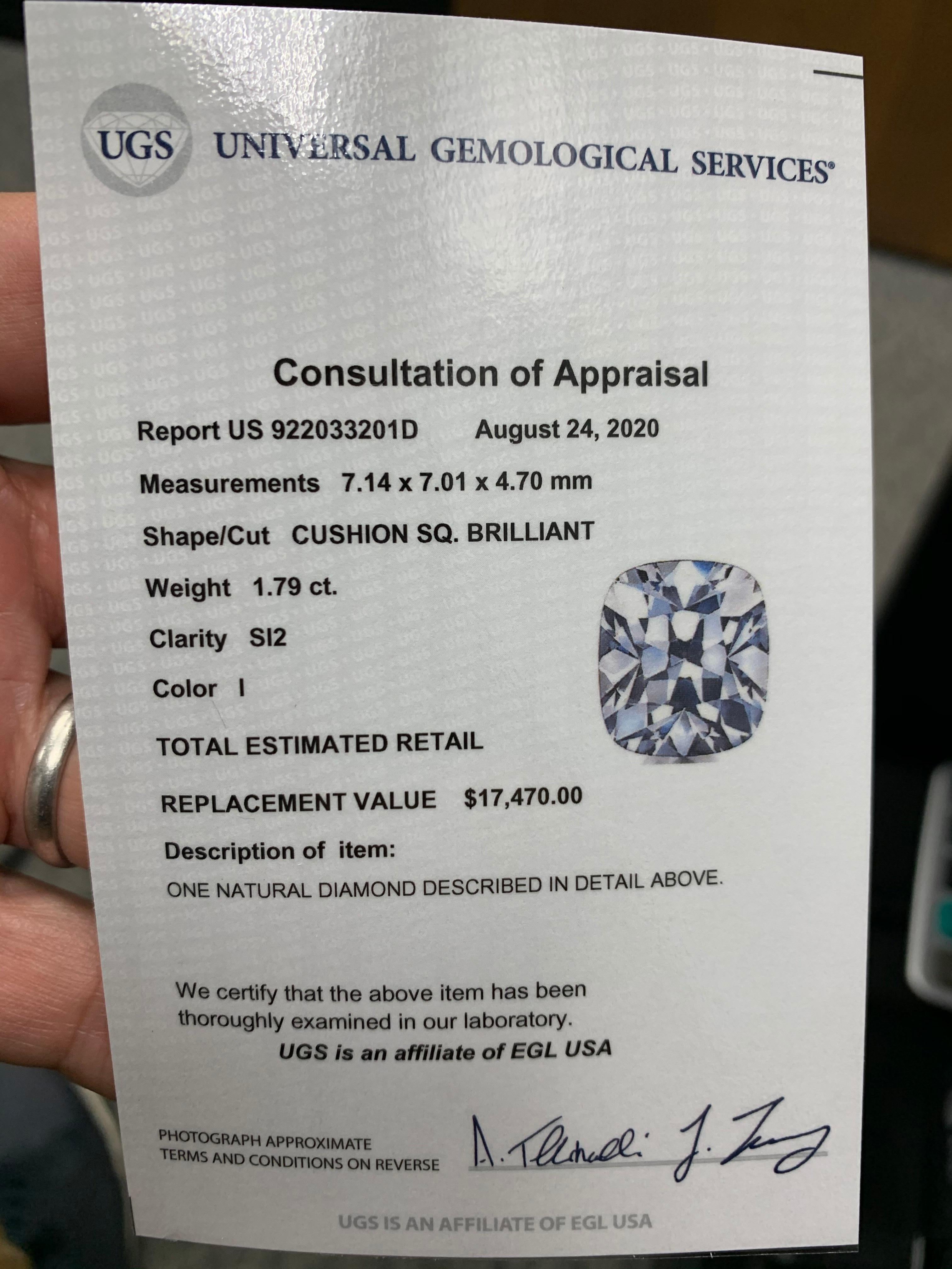 EGL Certified 1.79 Carat Natural Cushion Diamond I SI2 Platinum Engagement Ring 5