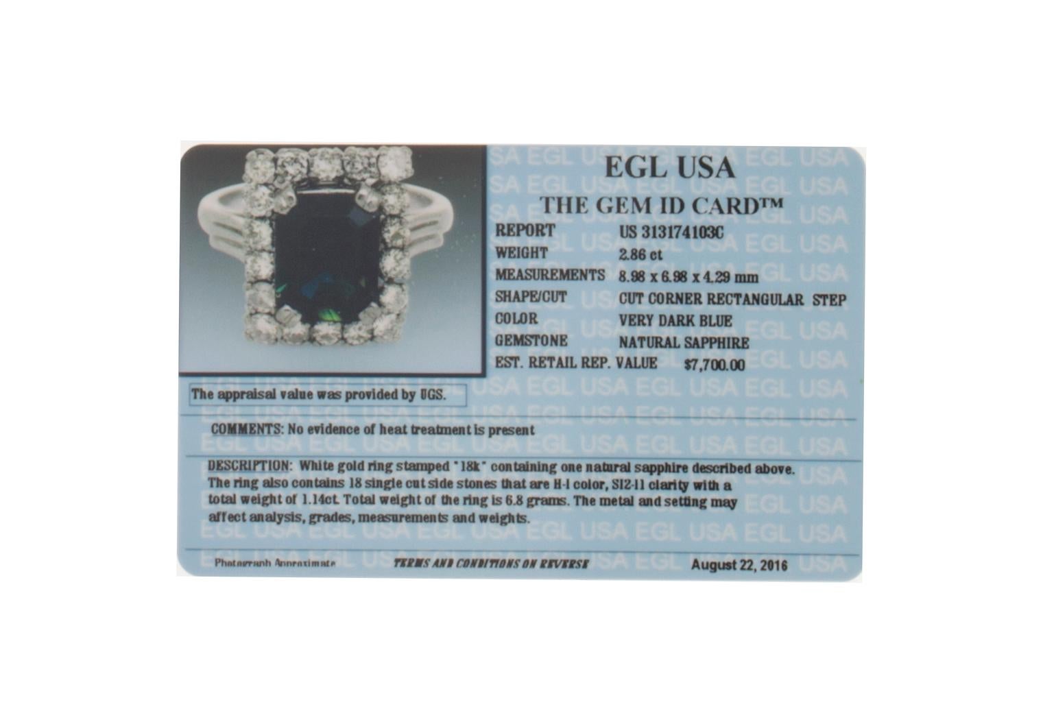 EGL Certified 18 Karat 2.86 Carat Dark Blue Sapphire 1.14 Carat Diamond Ring In Good Condition For Sale In Mobile, AL