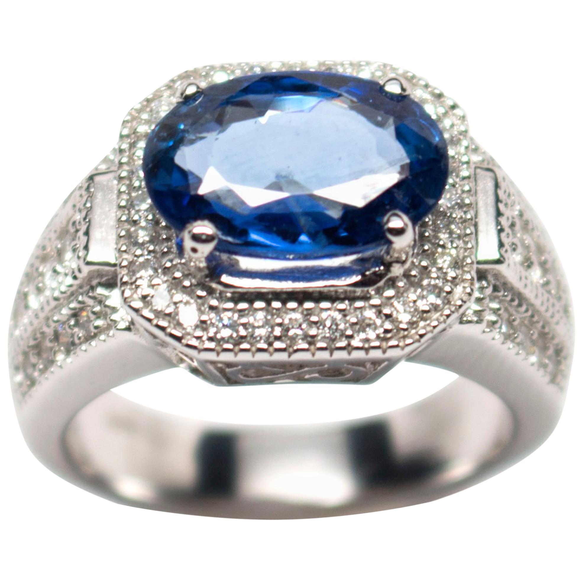 Egl Certified 18 Karat White Gold 3.70 Carat Sapphire 0.76 Diamond Ring For Sale
