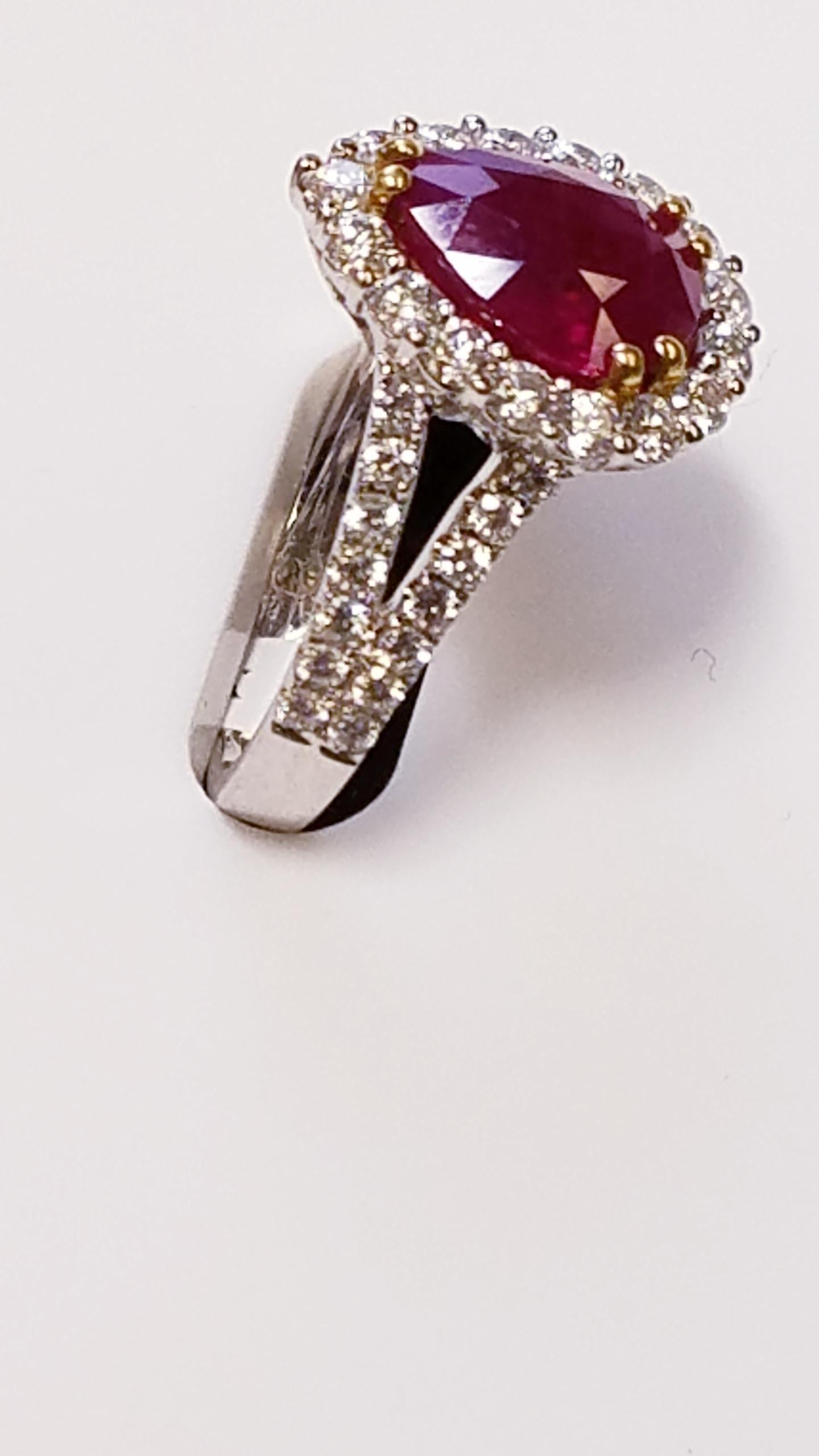 EGL Certified 18 Karat White Gold Pear Cut Ruby and Diamond Ring
3.00 Carats of Burmese Rubies
1.05 Carats of Diamonds
Pear Cut
18 Karat White Gold 