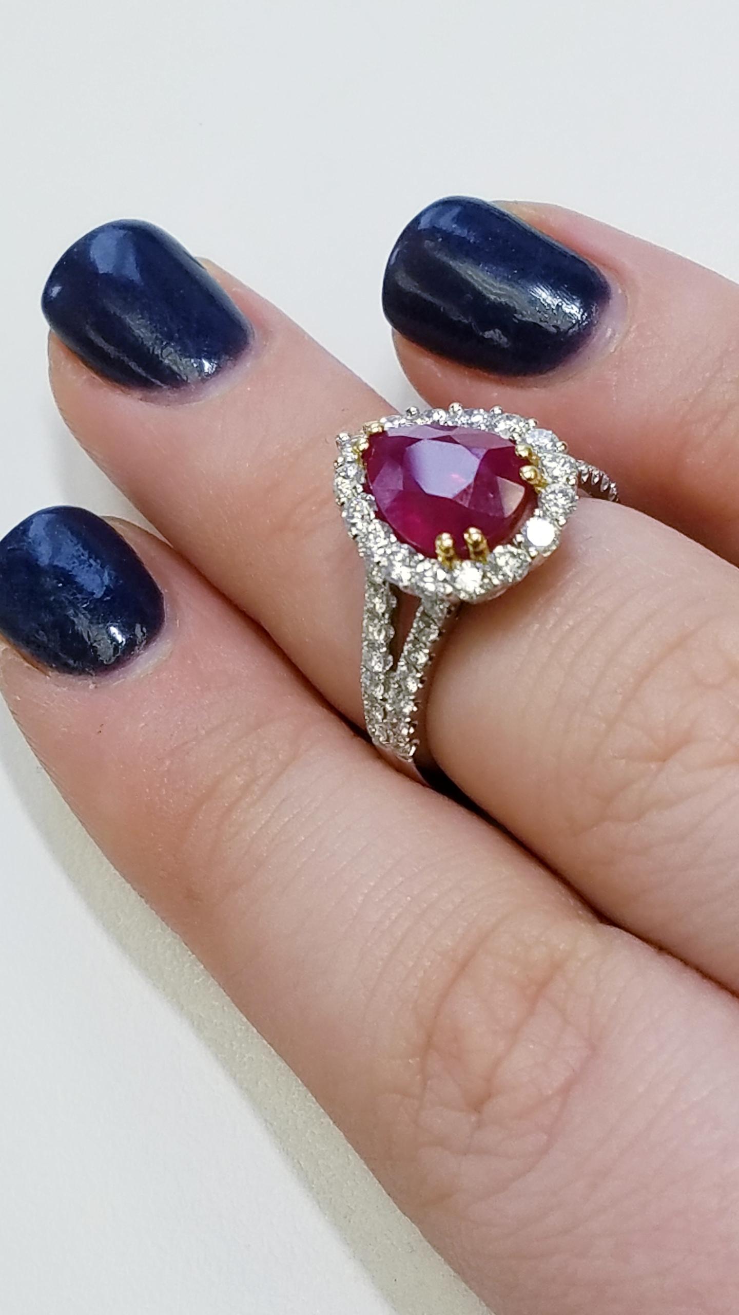 EGL Certified 18 Karat White Gold Pear Cut Ruby and Diamond Ring In New Condition In Great Neck, NY