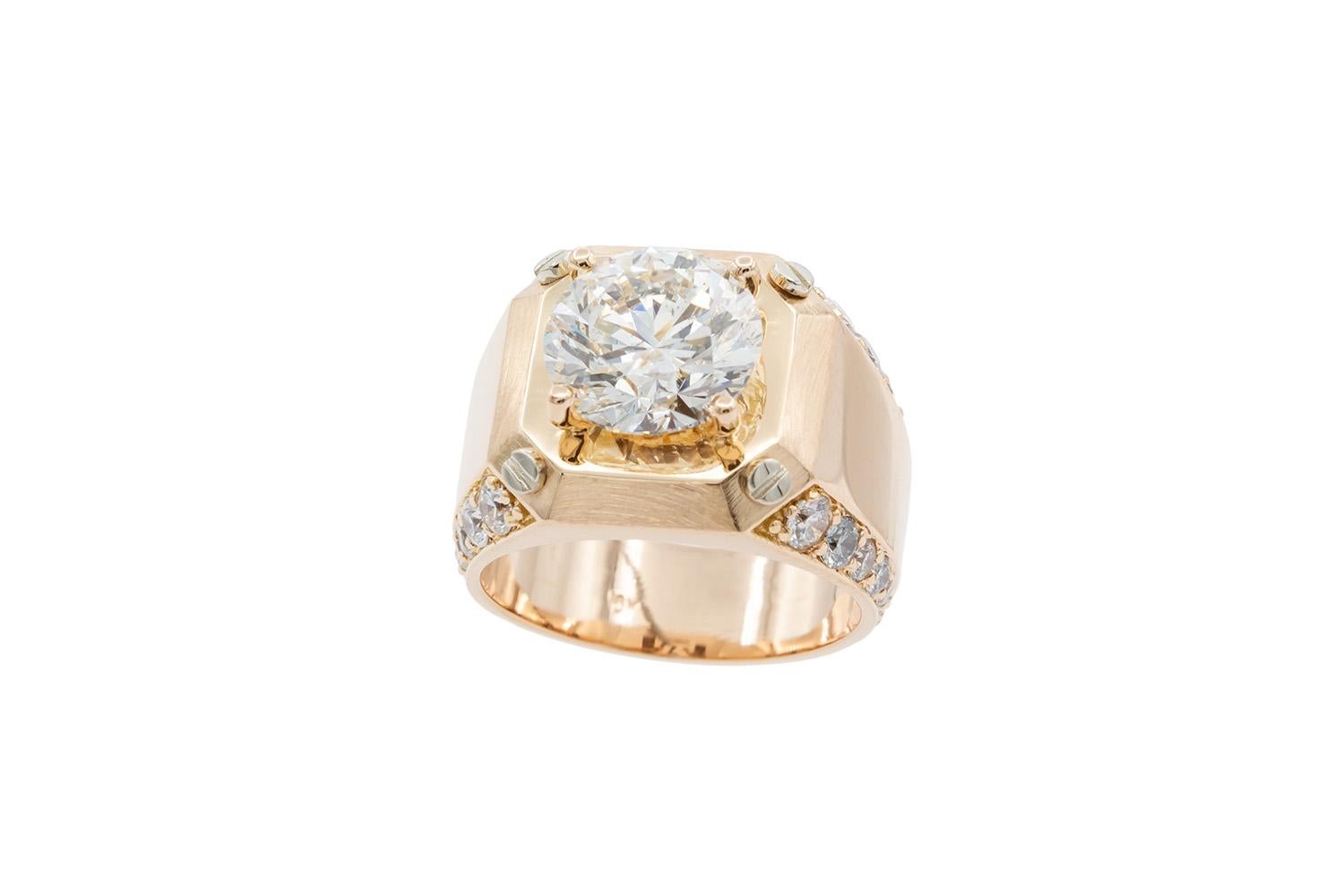 EGL Certified 18k Rose Gold Hearts Arrows Diamond Solitaire Signet Ring 6.50ctw In Excellent Condition For Sale In Tustin, CA