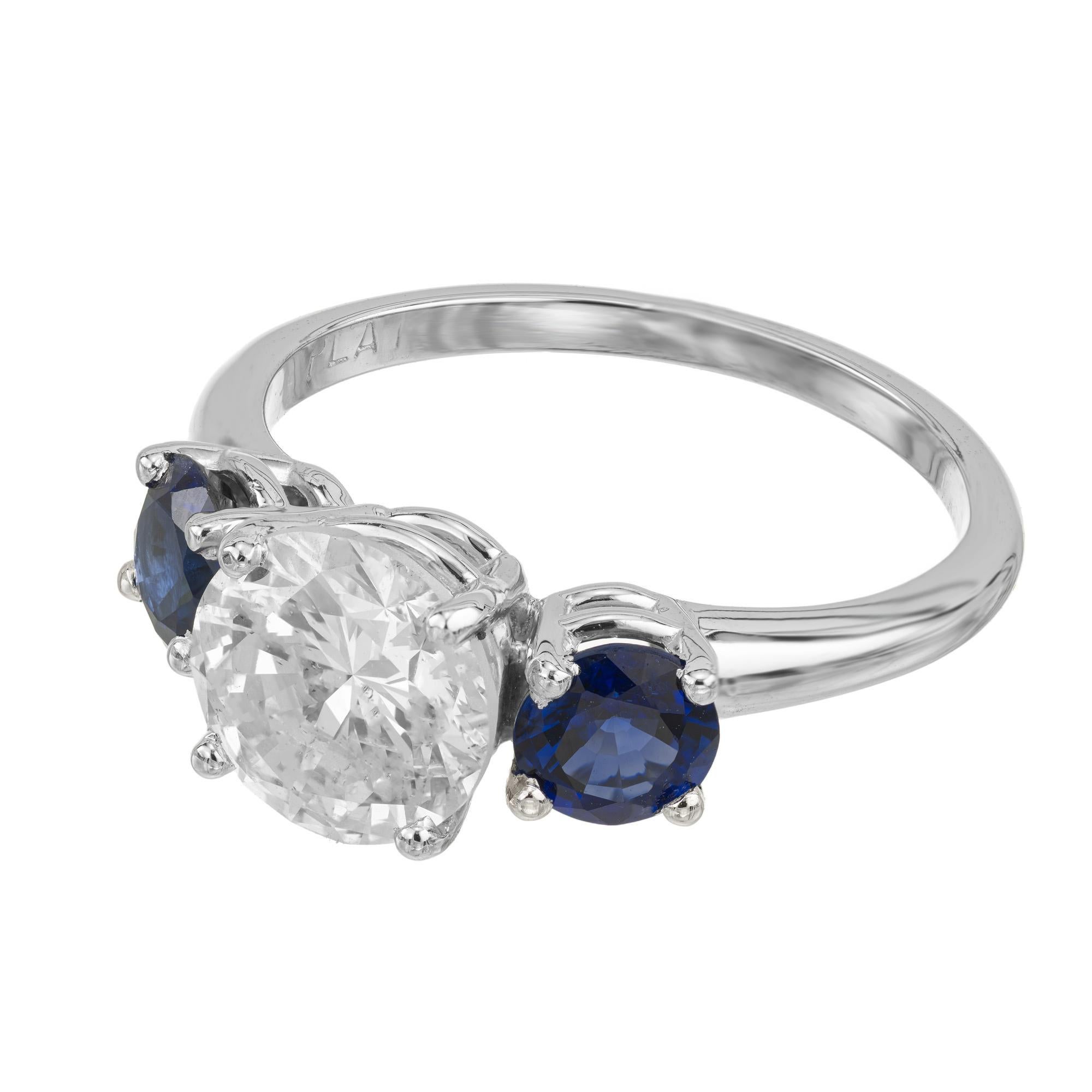 Round Cut EGL Certified 1.93 Carat Diamond Sapphire Platinum Three Stone Engagement Ring For Sale