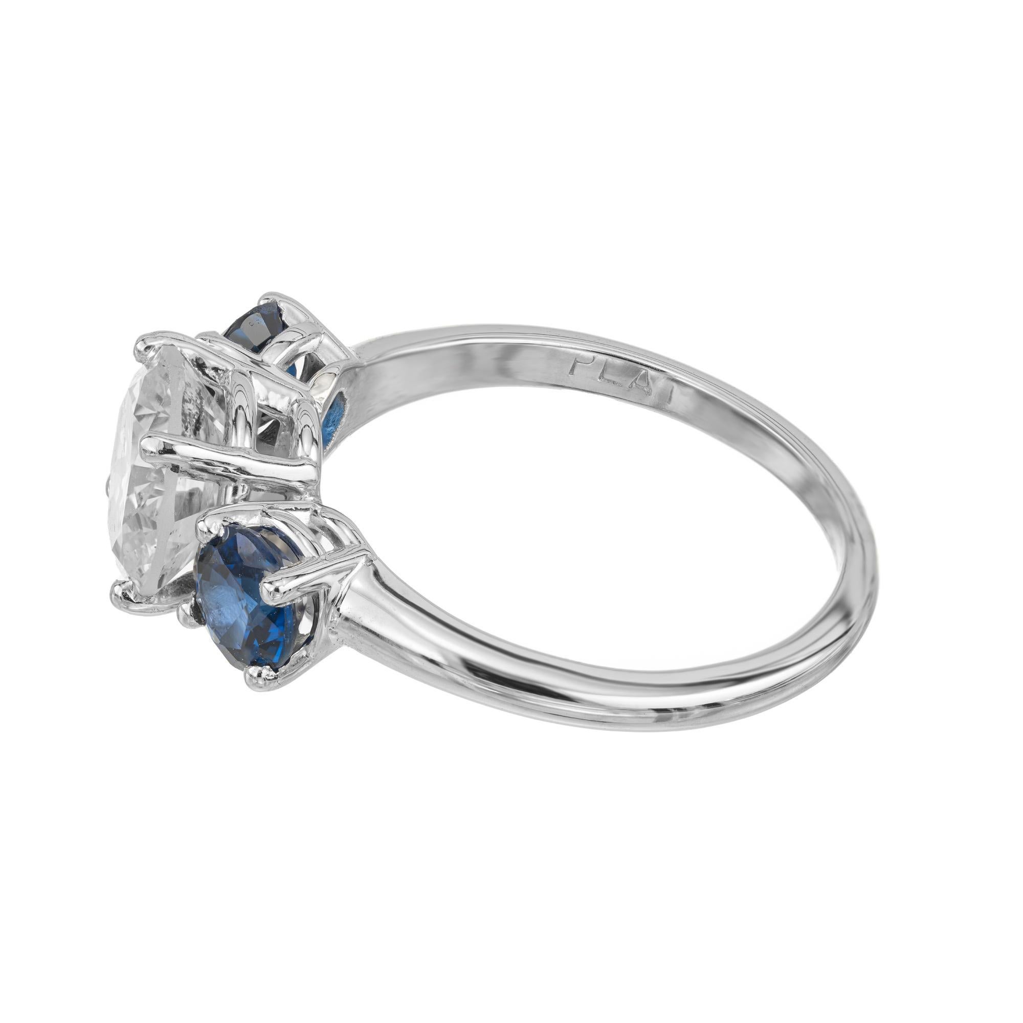 EGL Certified 1.93 Carat Diamond Sapphire Platinum Three Stone Engagement Ring In Excellent Condition For Sale In Stamford, CT