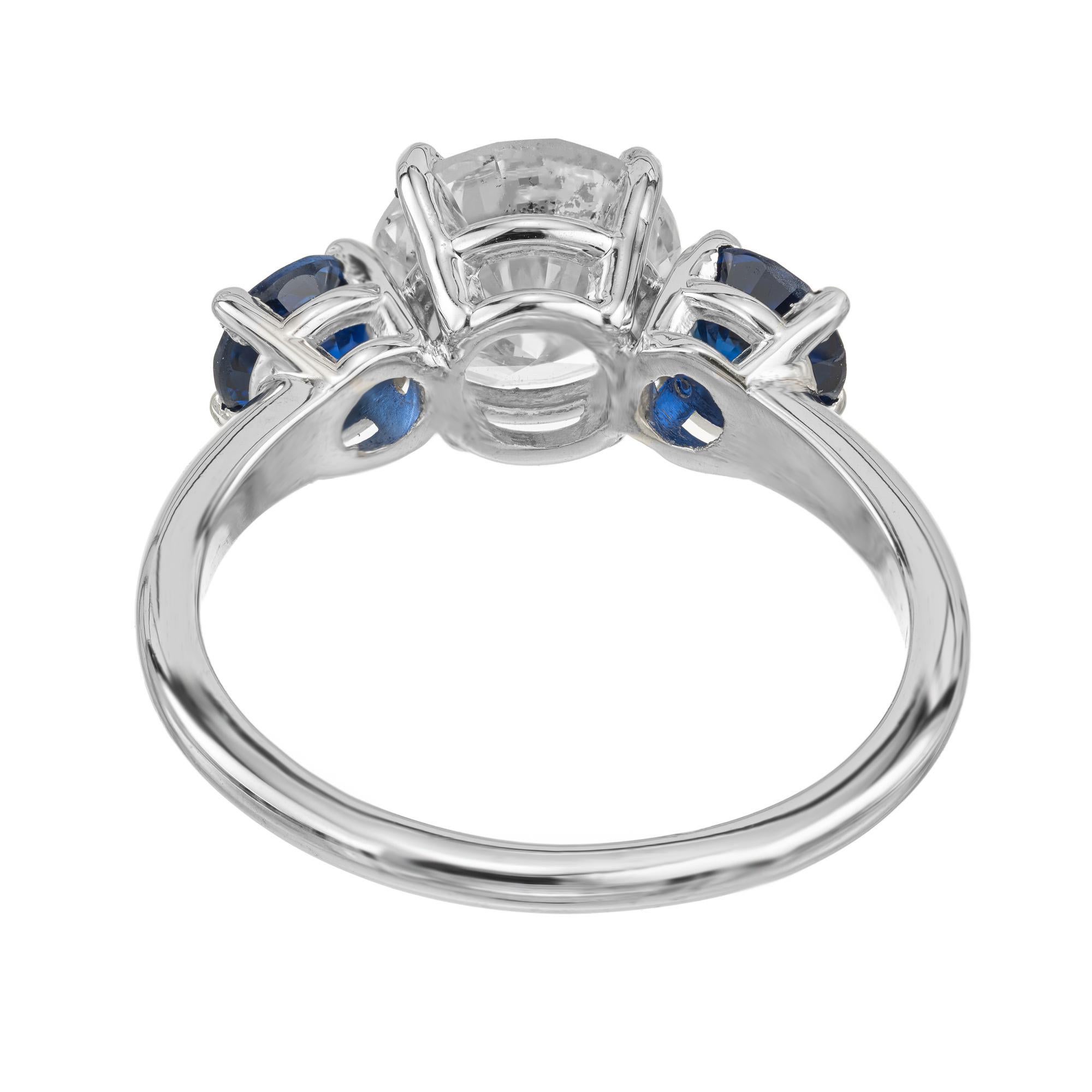 Women's EGL Certified 1.93 Carat Diamond Sapphire Platinum Three Stone Engagement Ring For Sale