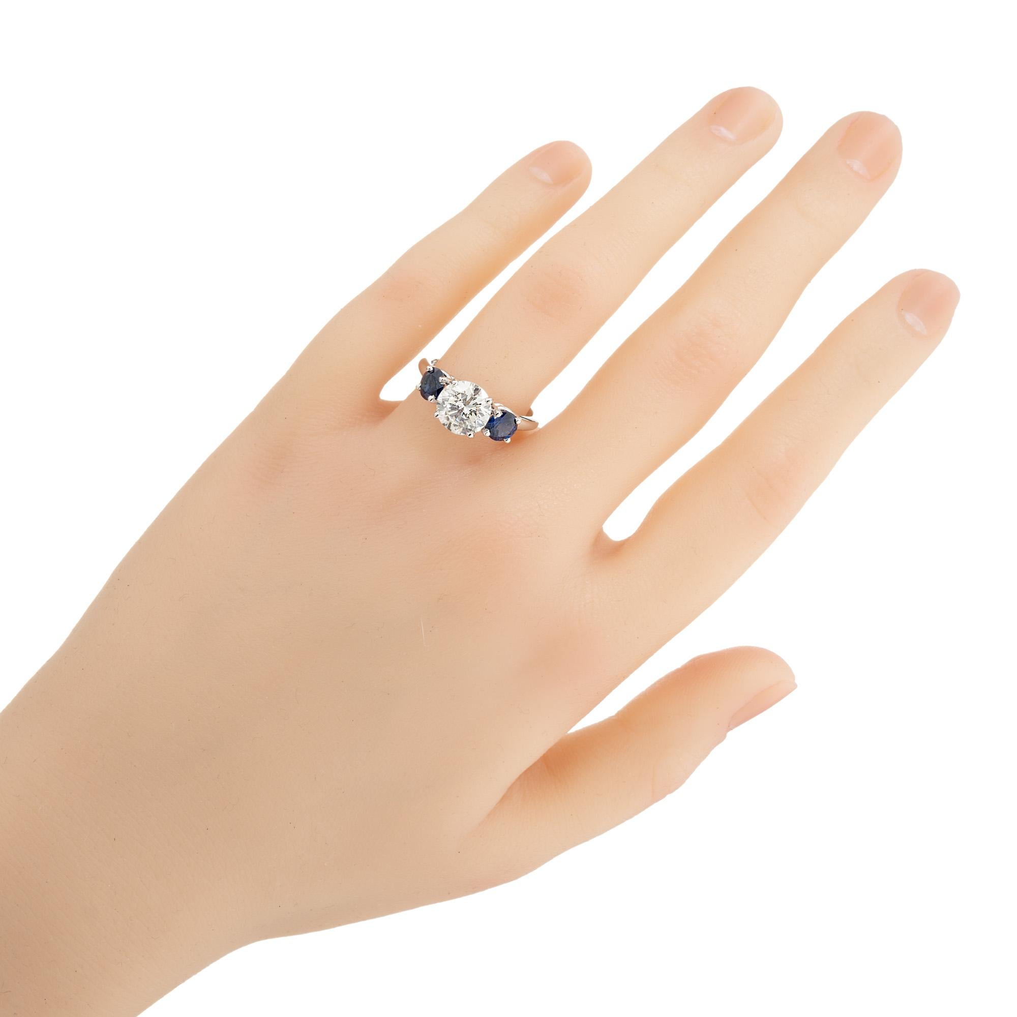 EGL Certified 1.93 Carat Diamond Sapphire Platinum Three Stone Engagement Ring For Sale 2