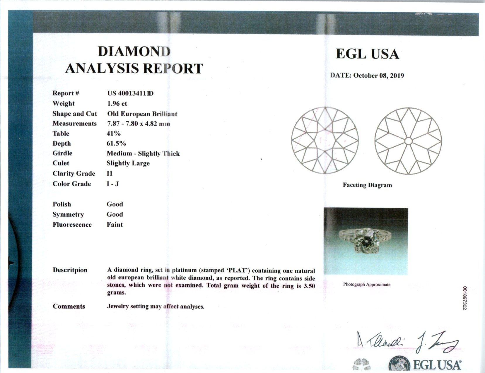 EGL Certified 1.96 Carat Diamond Platinum Engagement Ring 3