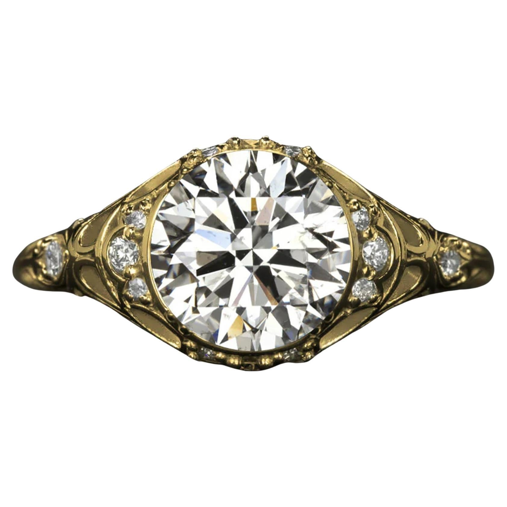 Bague en or jaune certifiée EGL de 2 carats à taille ronde