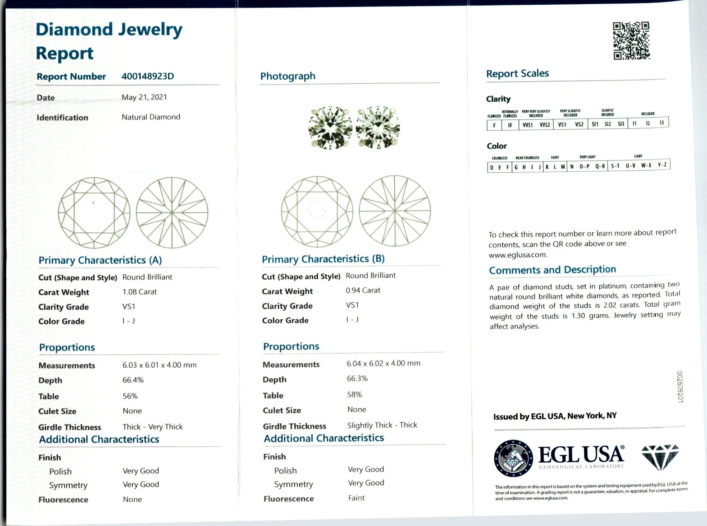Round Cut EGL Certified 2.02 Carat Platinum Stud Earrings For Sale
