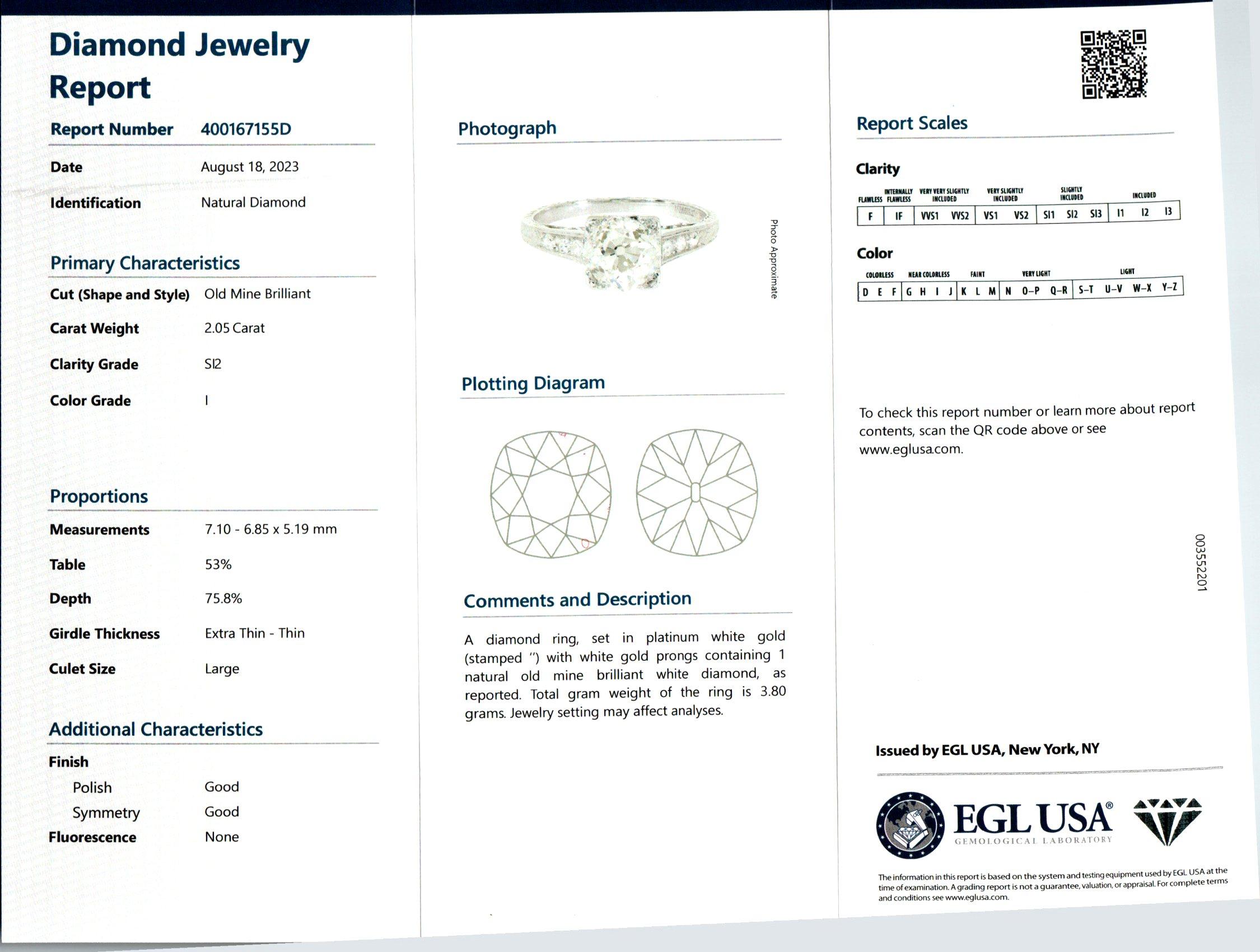 EGL Certified 2.05 Carat Old Mine Diamond Platinum Art Deco Engagement Ring In Good Condition For Sale In Stamford, CT
