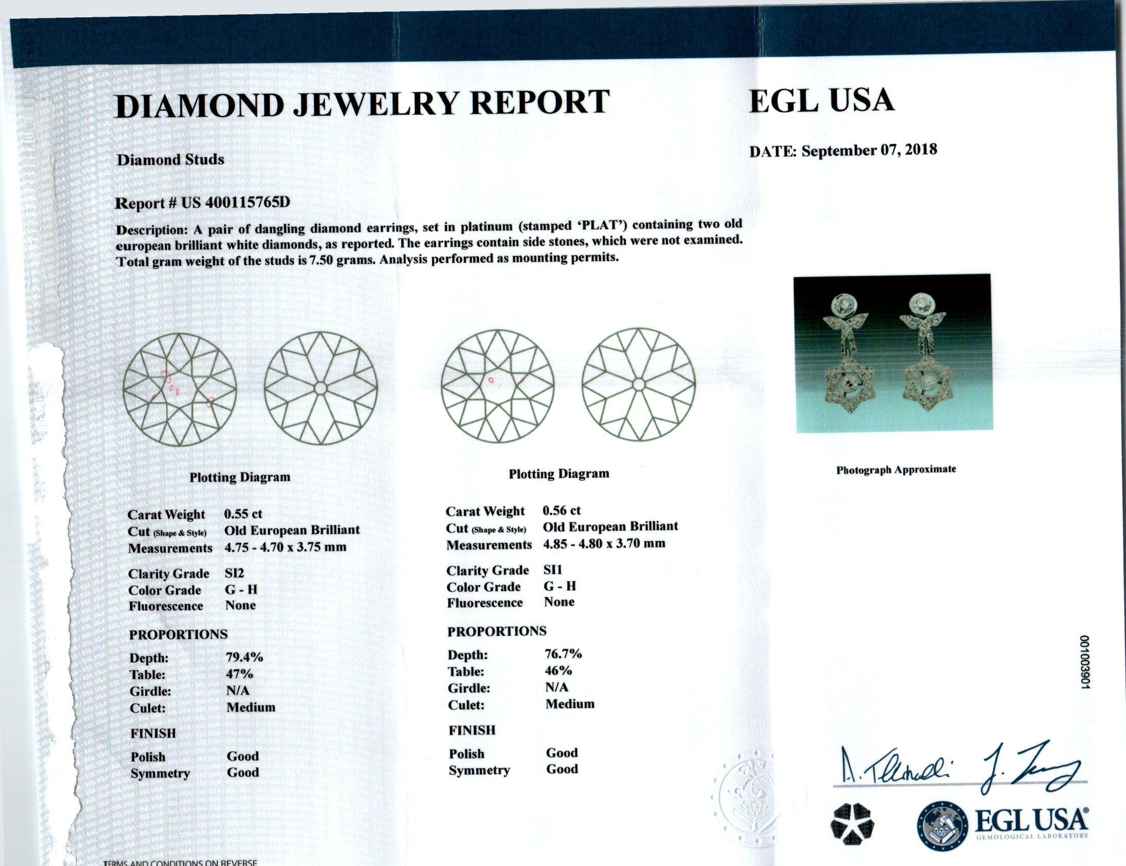Women's EGL Certified 2.12 Carat Diamond Platinum Star Dangle Earrings For Sale