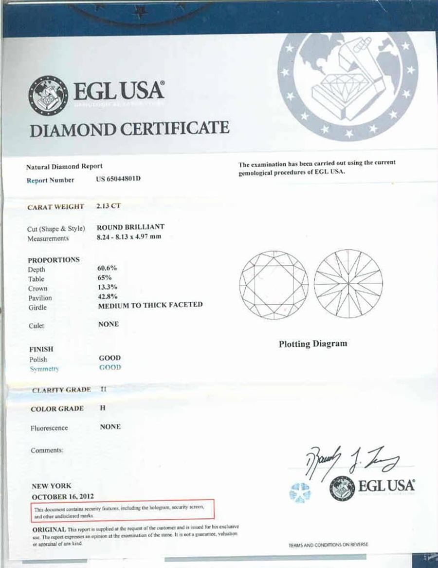 Bague de fiançailles solitaire en or blanc avec diamant de 2.13 carat, certifiée EGL Excellent état - En vente à Stamford, CT